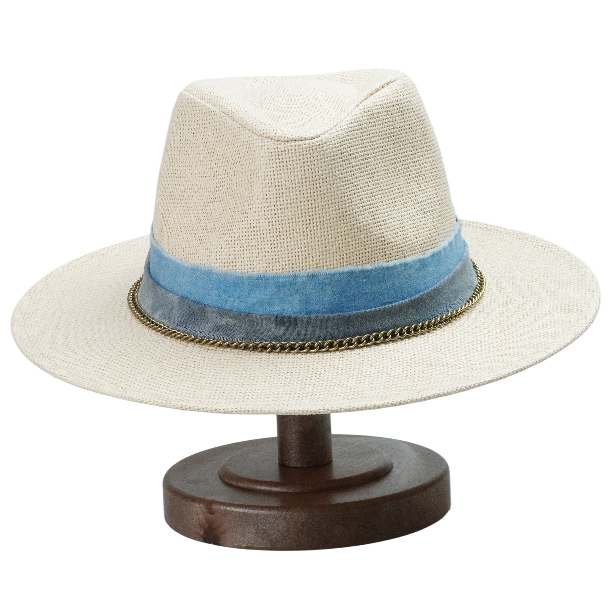Off-White Straw Hat with Blue Band & Copper Chain