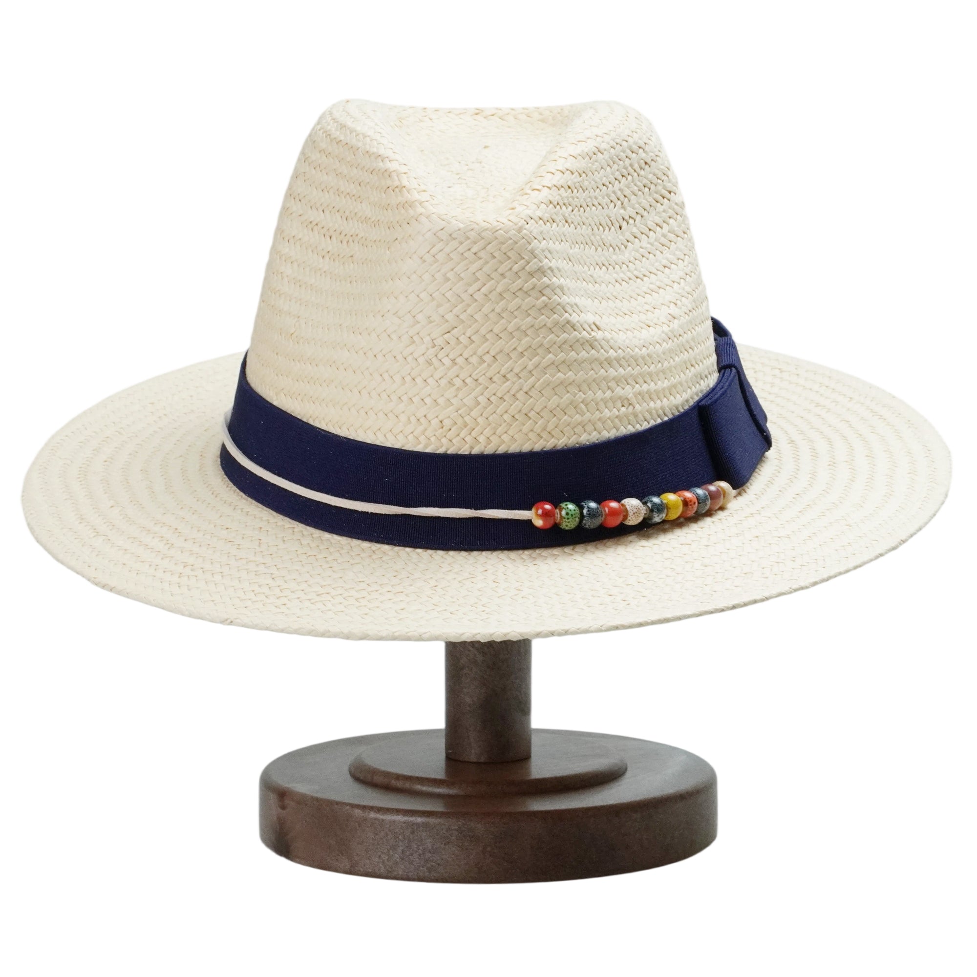 Beige Straw Hat with Dark Blue Wide Band & Colorful Beads