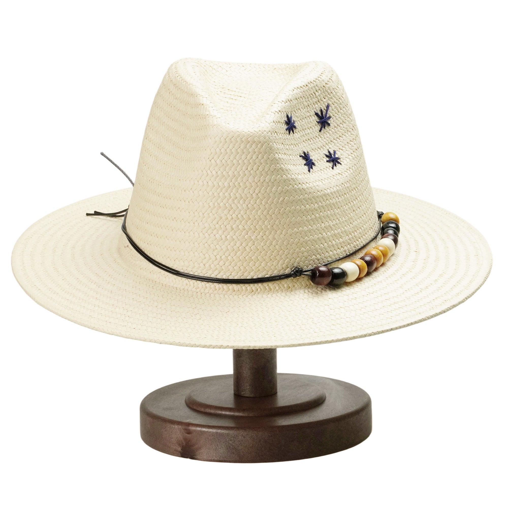 Beige Straw Hat with Colorful Beads & Star Stitching
