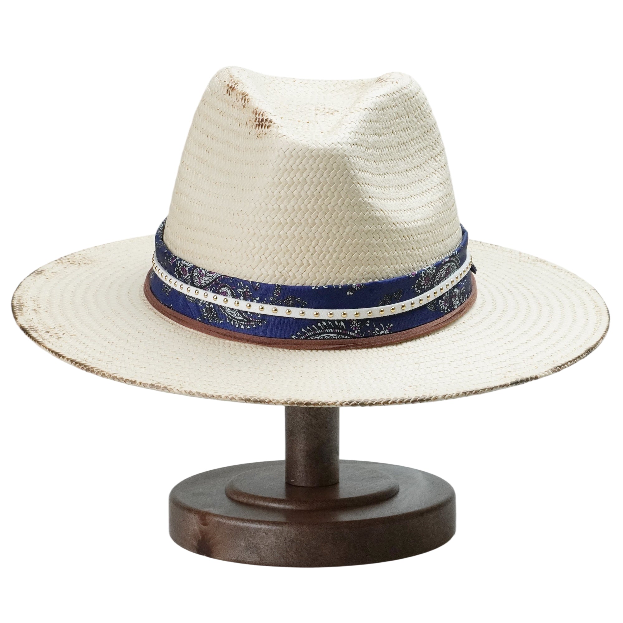 White Straw Hat with Printed Band & Thin Cords