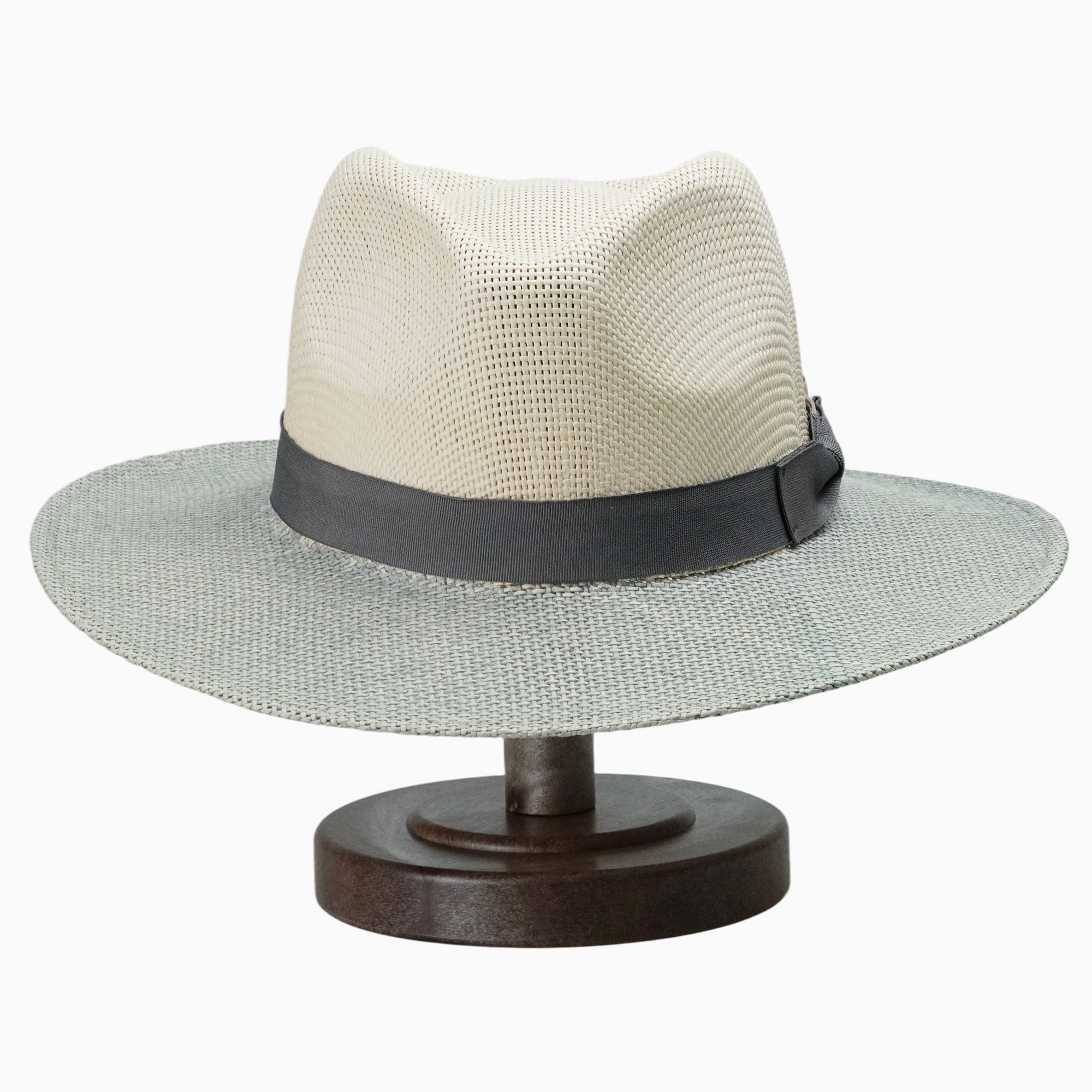 Two-Tone Off-White & Grey Straw Hat with Grey Ribbon Bow