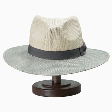Two-Tone Off-White & Grey Straw Hat with Grey Ribbon Bow