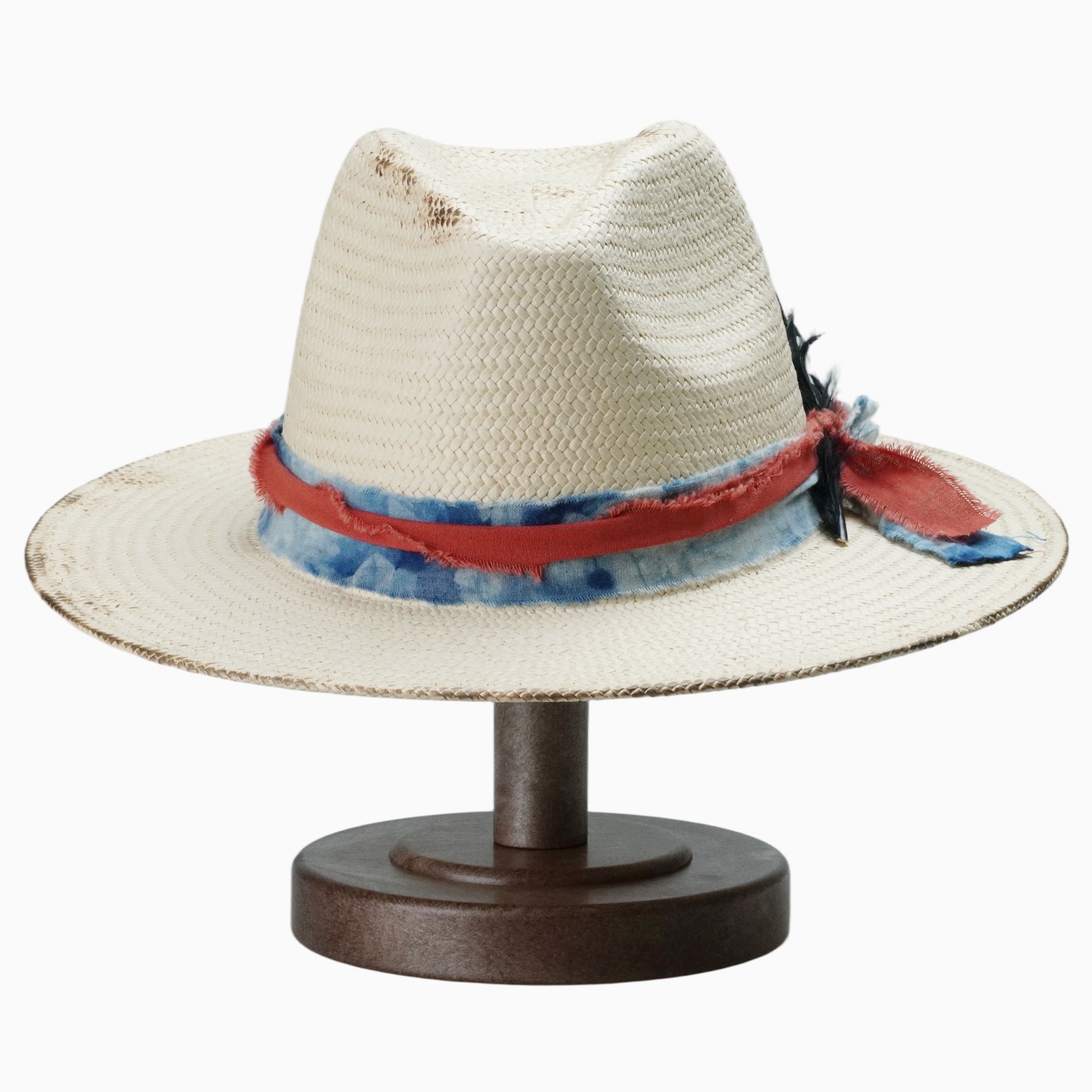 Beige Breathable Straw Fedora with Distressed Feather Band