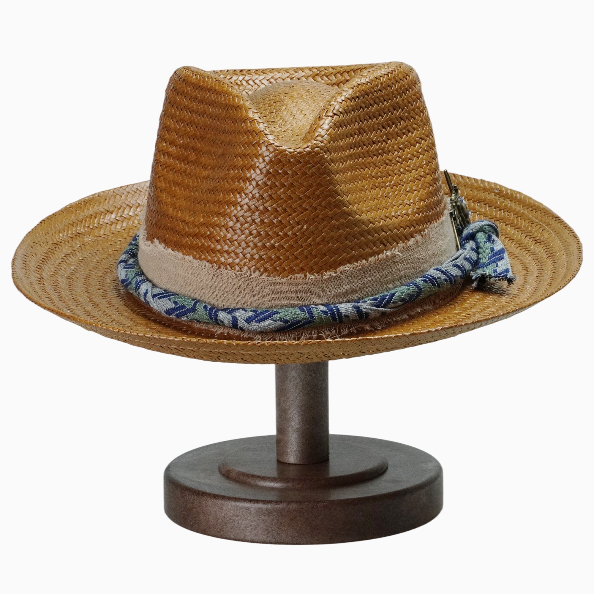 Caramel-Tone Straw Fedora with Layered Distressed Fabric and Woven Band
