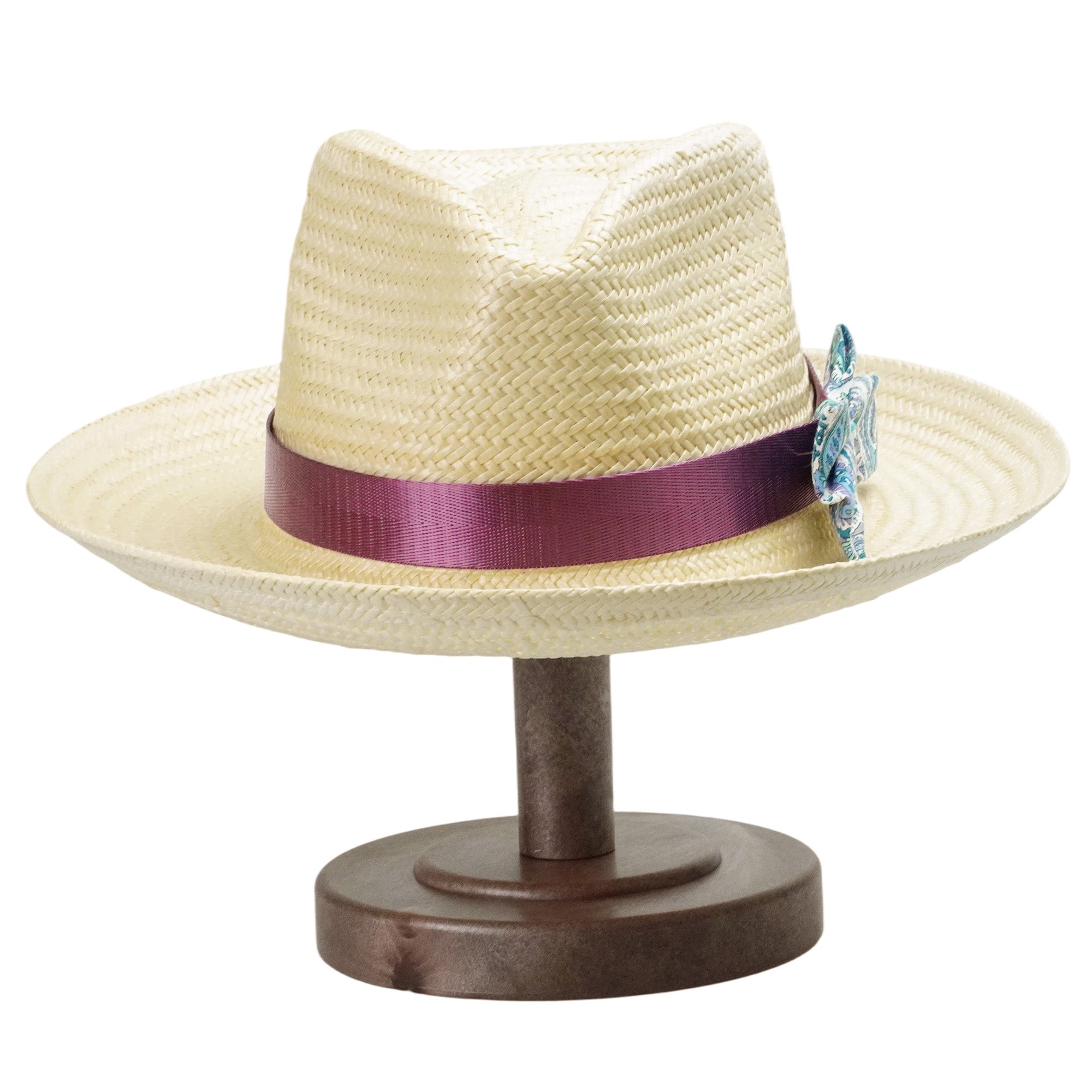 Beige Straw Hat with Purple Satin Bow Band