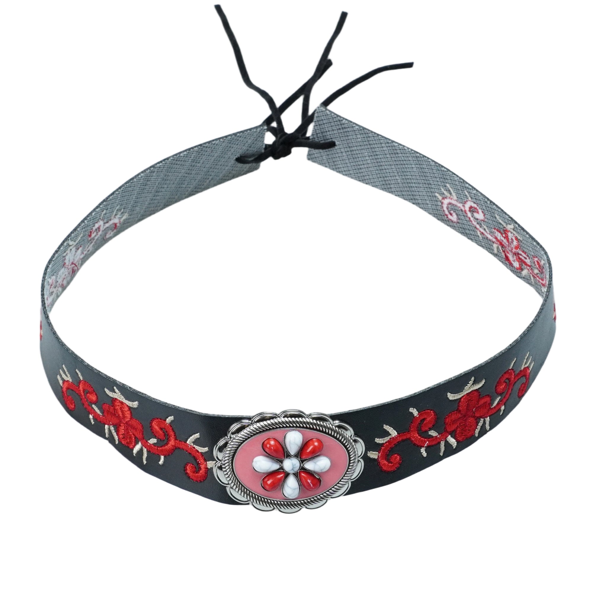 FLORAL EMBROIDERY METAL LEATHER HAT BAND