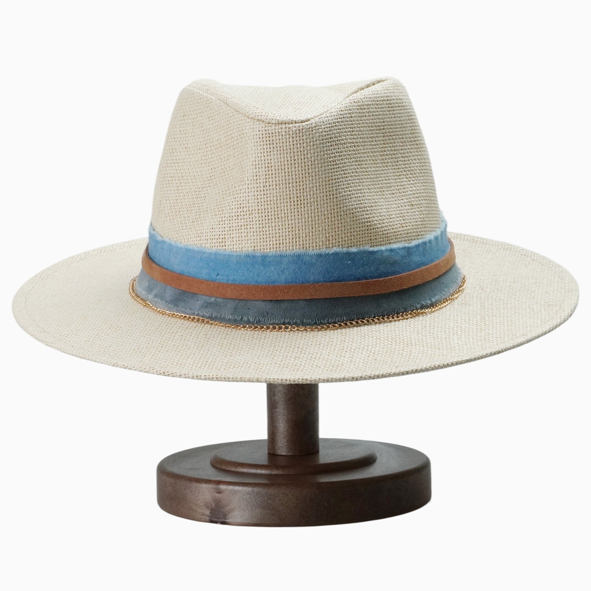 White Breathable Straw Fedora with Blue Gradient Scarf & Chain Trim
