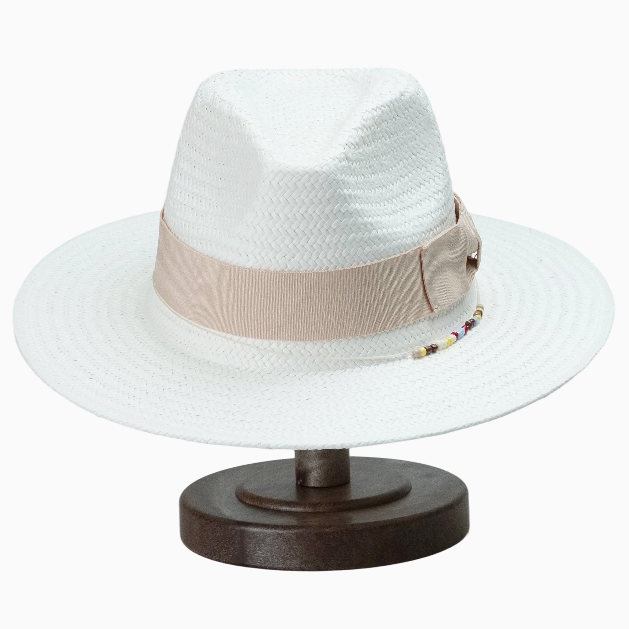 White Breathable Straw Fedora with Beige Ribbon & Beaded Trim