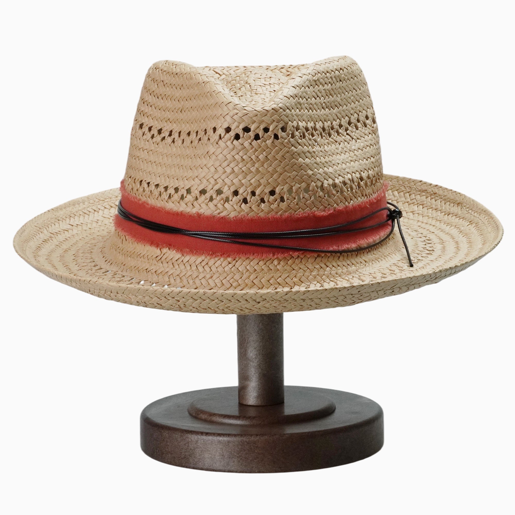 Breathable Straw Fedora with Distressed Red Band & Cord Trim