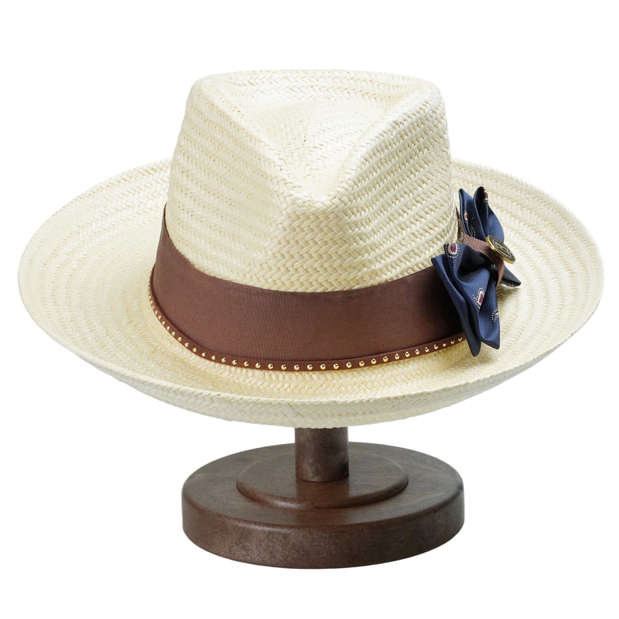 Off-White Straw Hat with Blue Bow & Brown Band