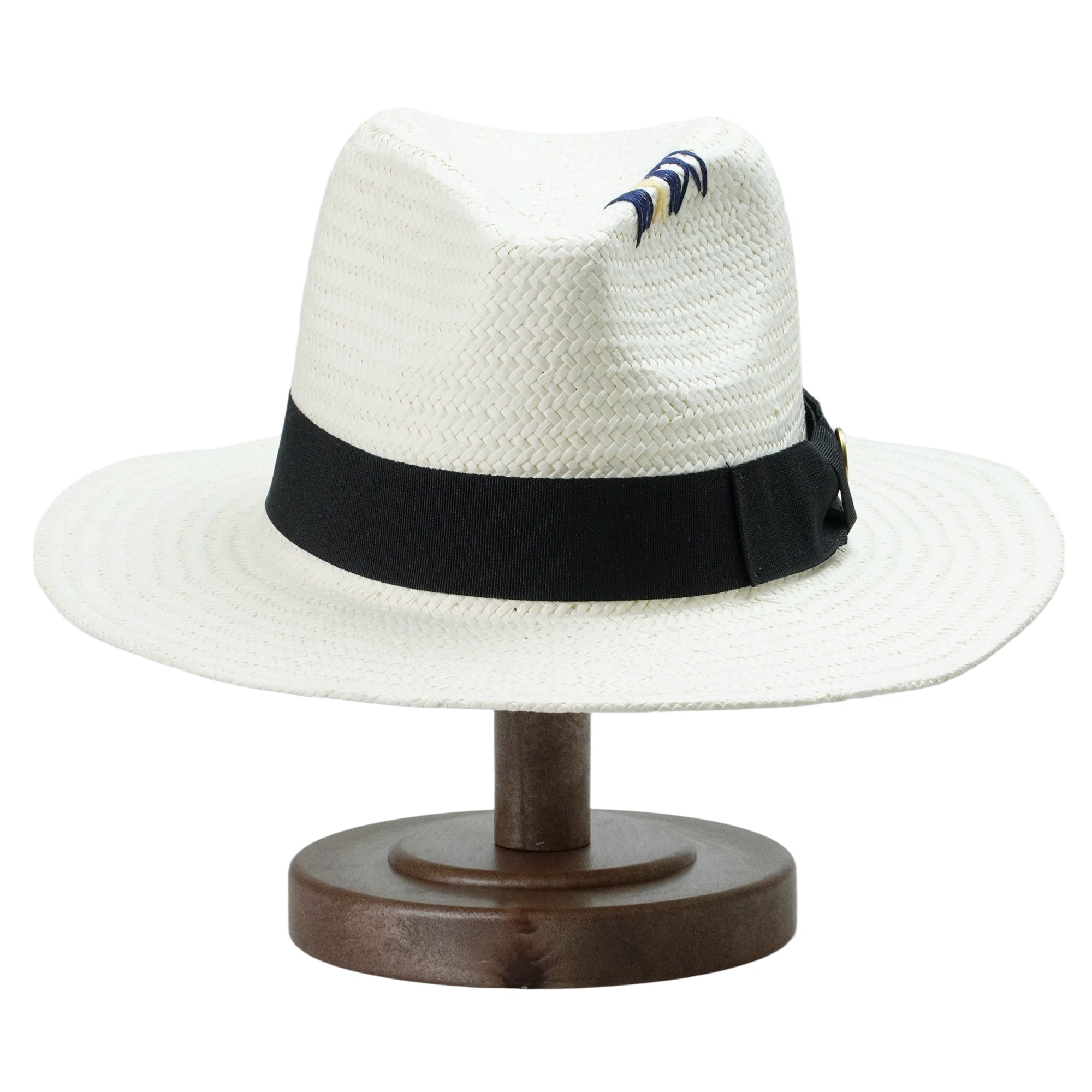 White Straw Hat with Copper Buckle & Stitched Crown