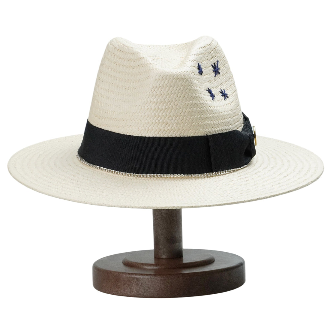 Off-White Straw Hat with Silver Chain & Star Stitching