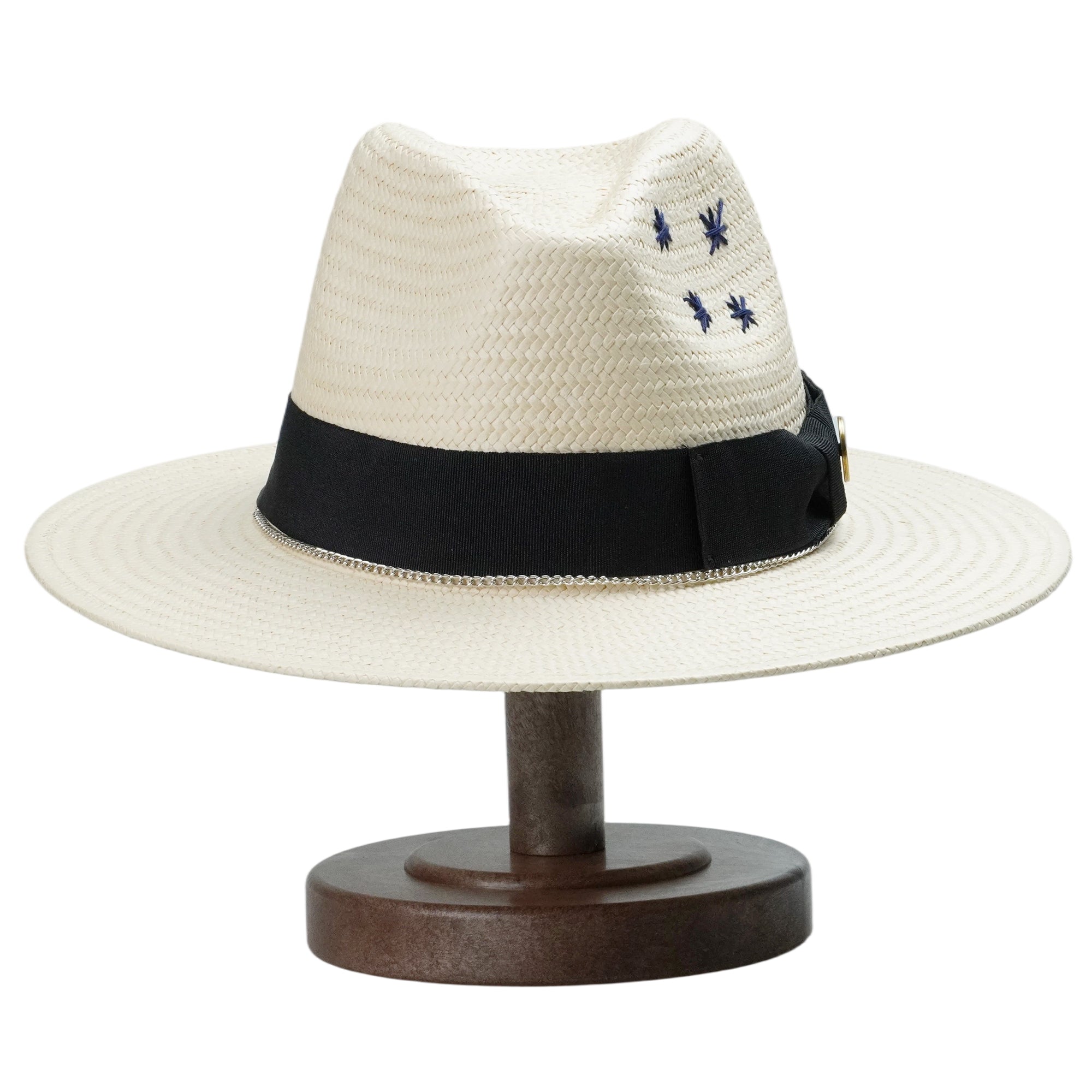 Off-White Straw Hat with Silver Chain & Star Stitching