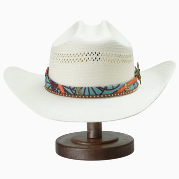 Light Off-White Breathable Straw Fedora with Printed Scarf & Fairy Charm