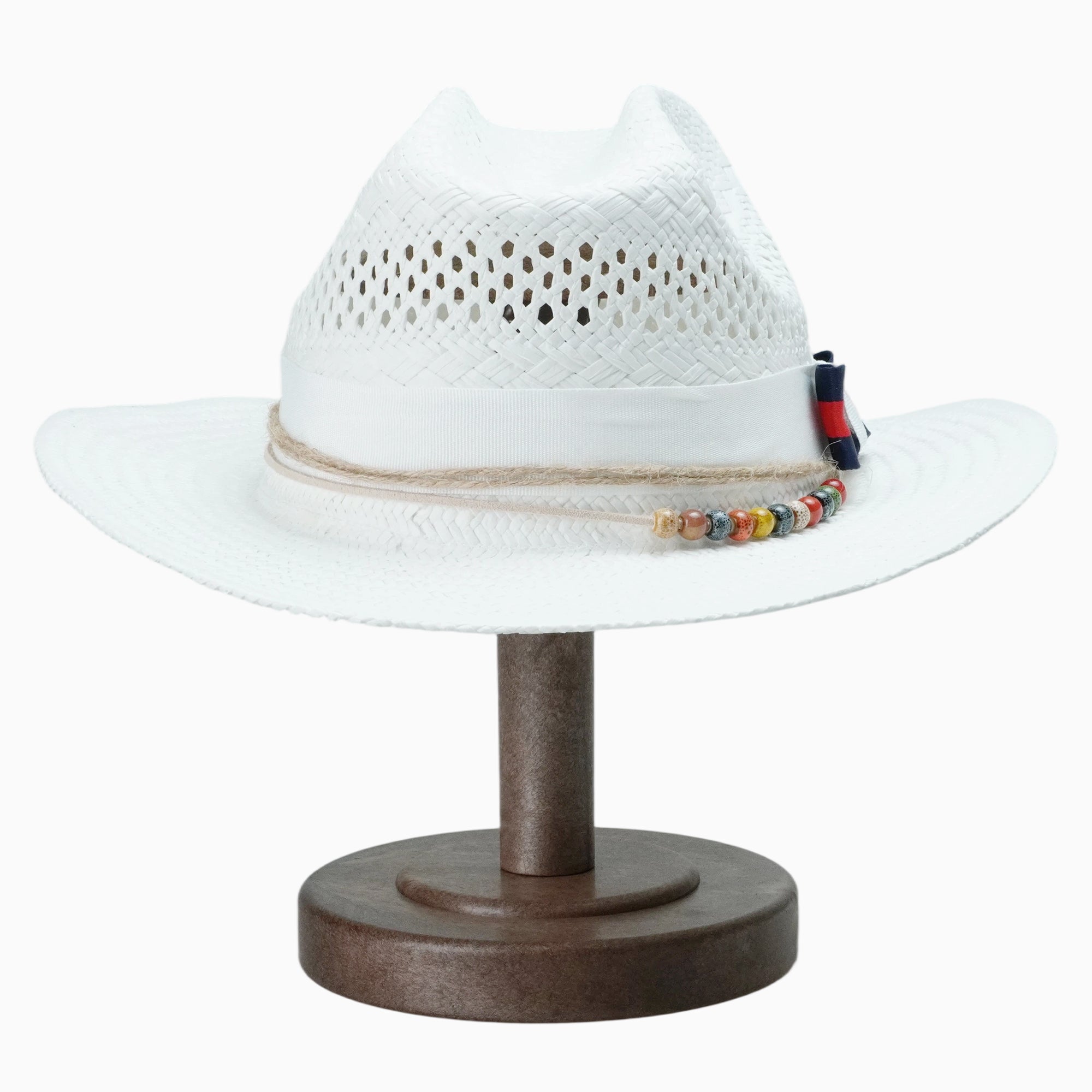 White Breathable Straw Fedora with Striped Bow & Multi-colored Beads