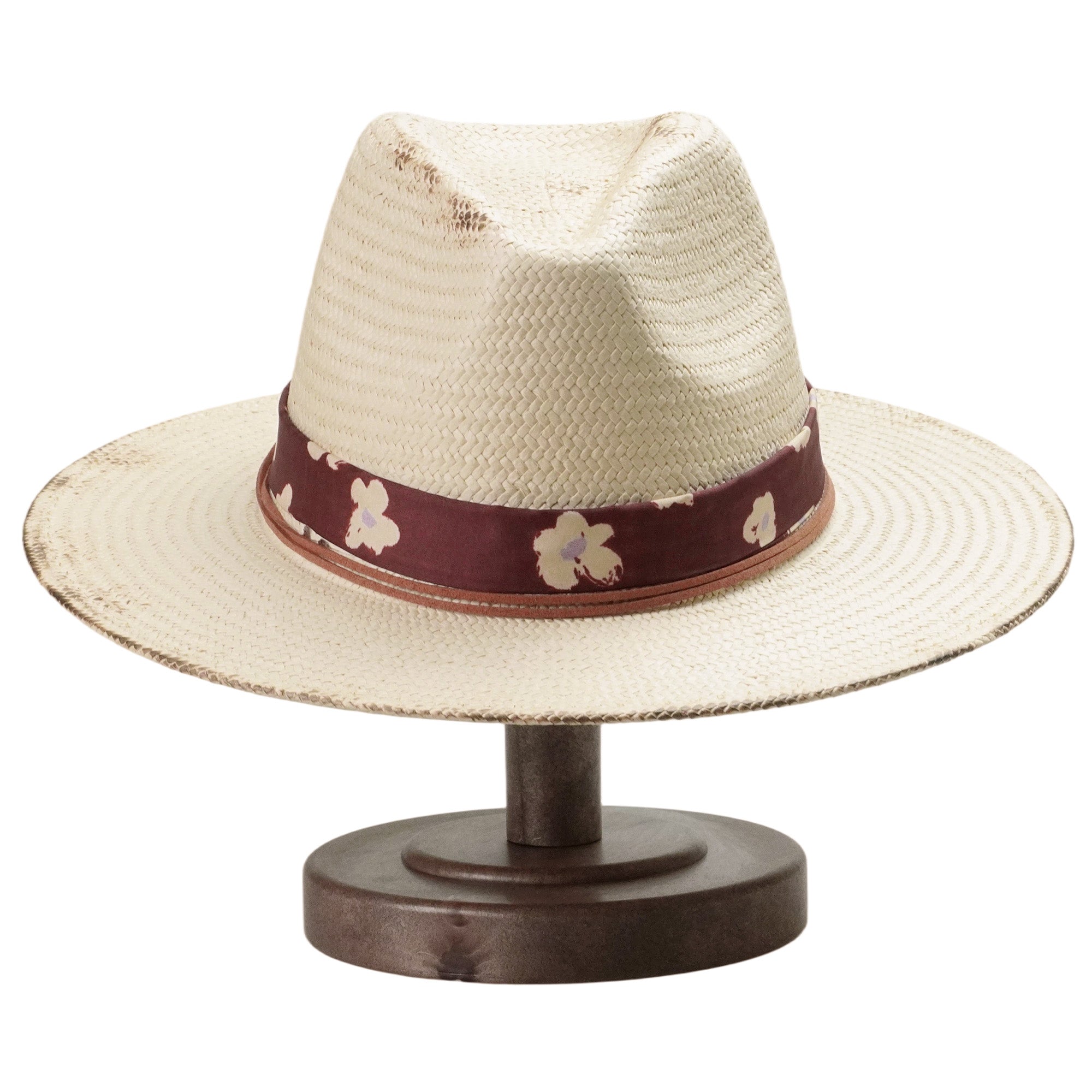 Beige Straw Hat with Floral Band & Burnt Edge Design