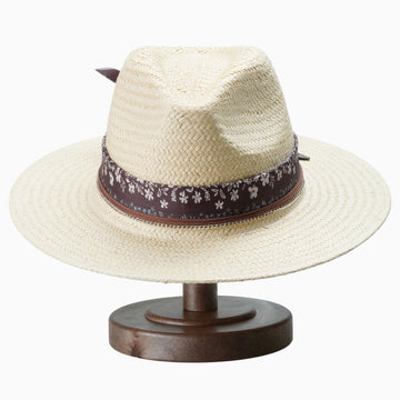 Breathable Straw Fedora with Floral Print Scarf & Chain Trim