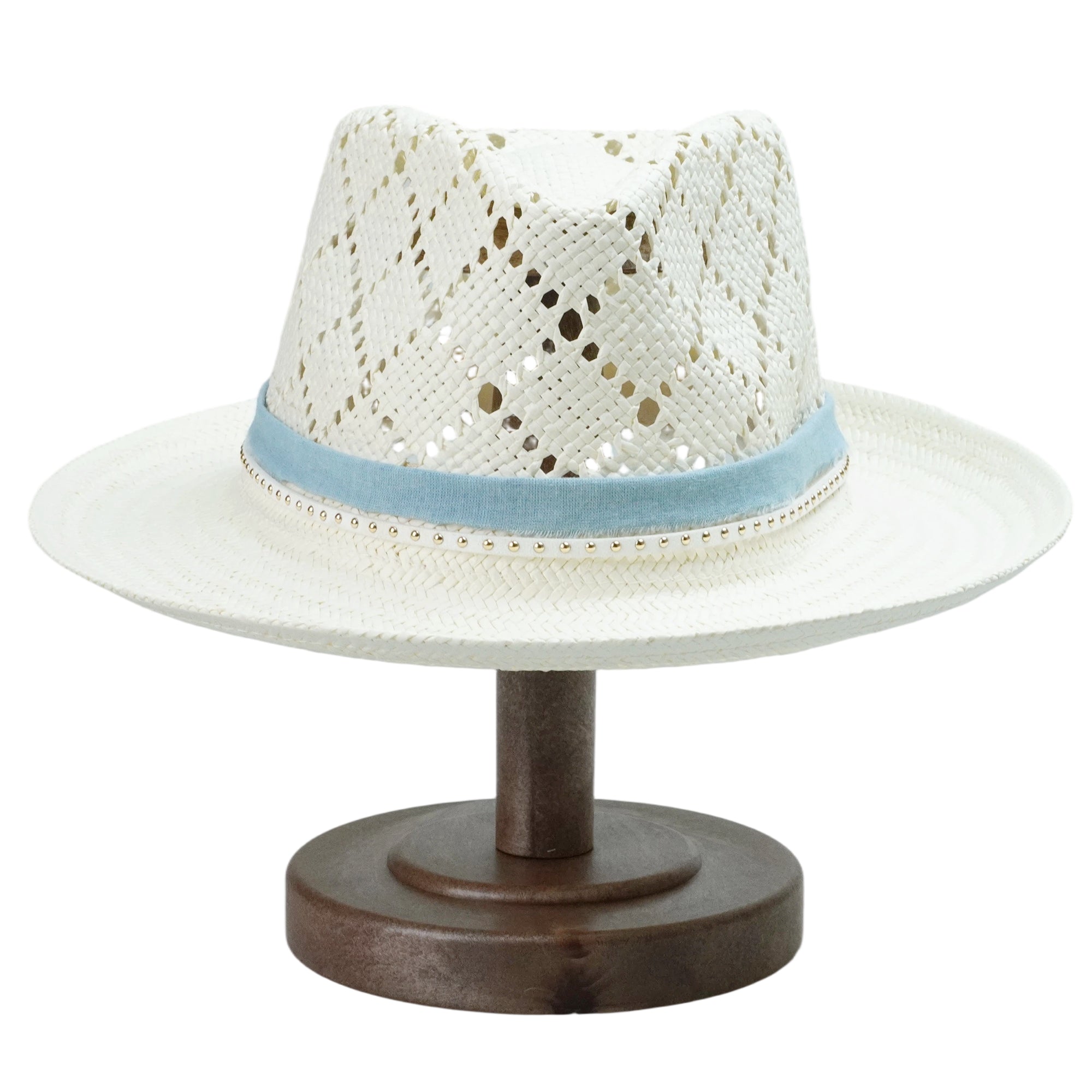White Straw Hat with Cutout Crown & Light Blue Band