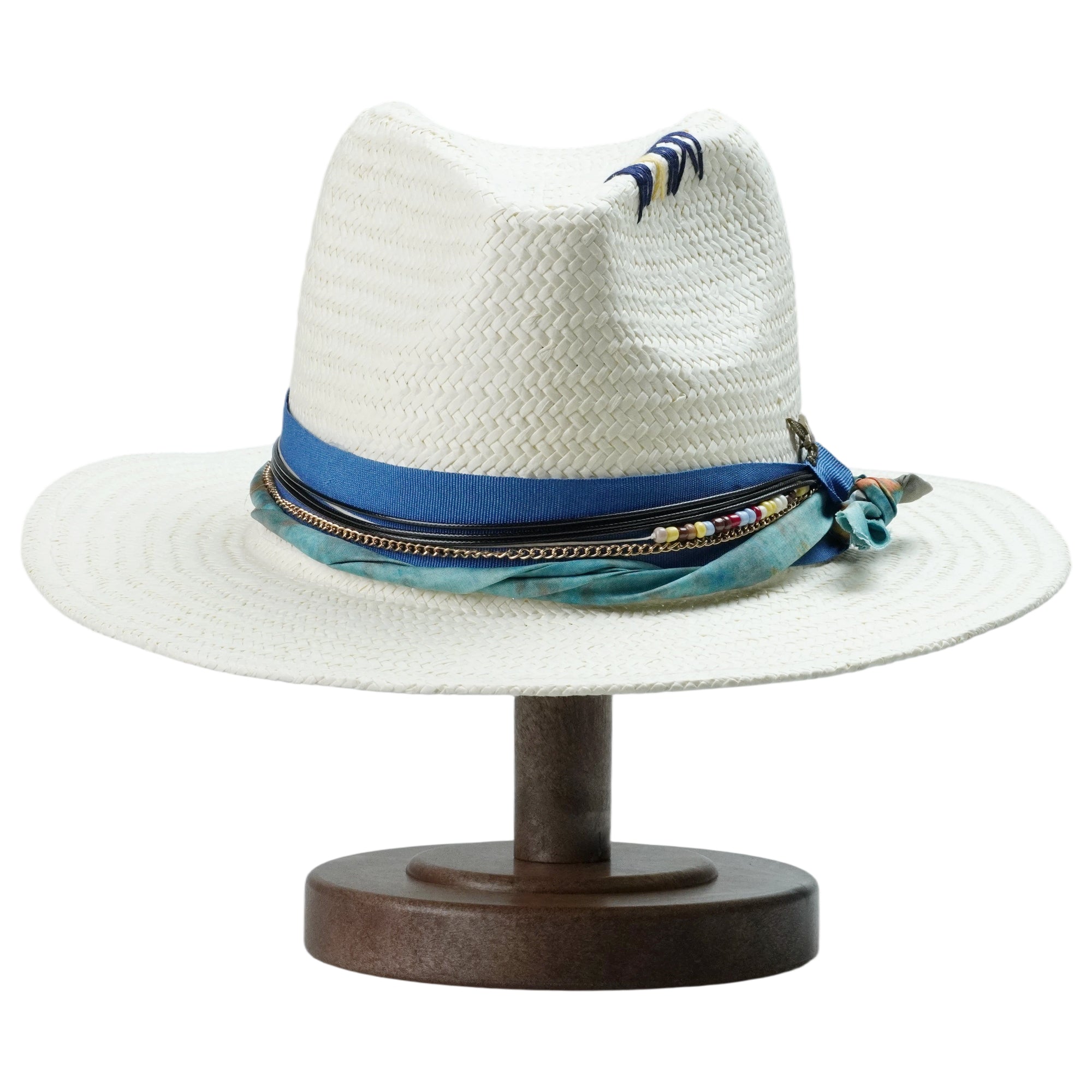 White Breathable Straw Hat with Beaded & Eagle Charm Band