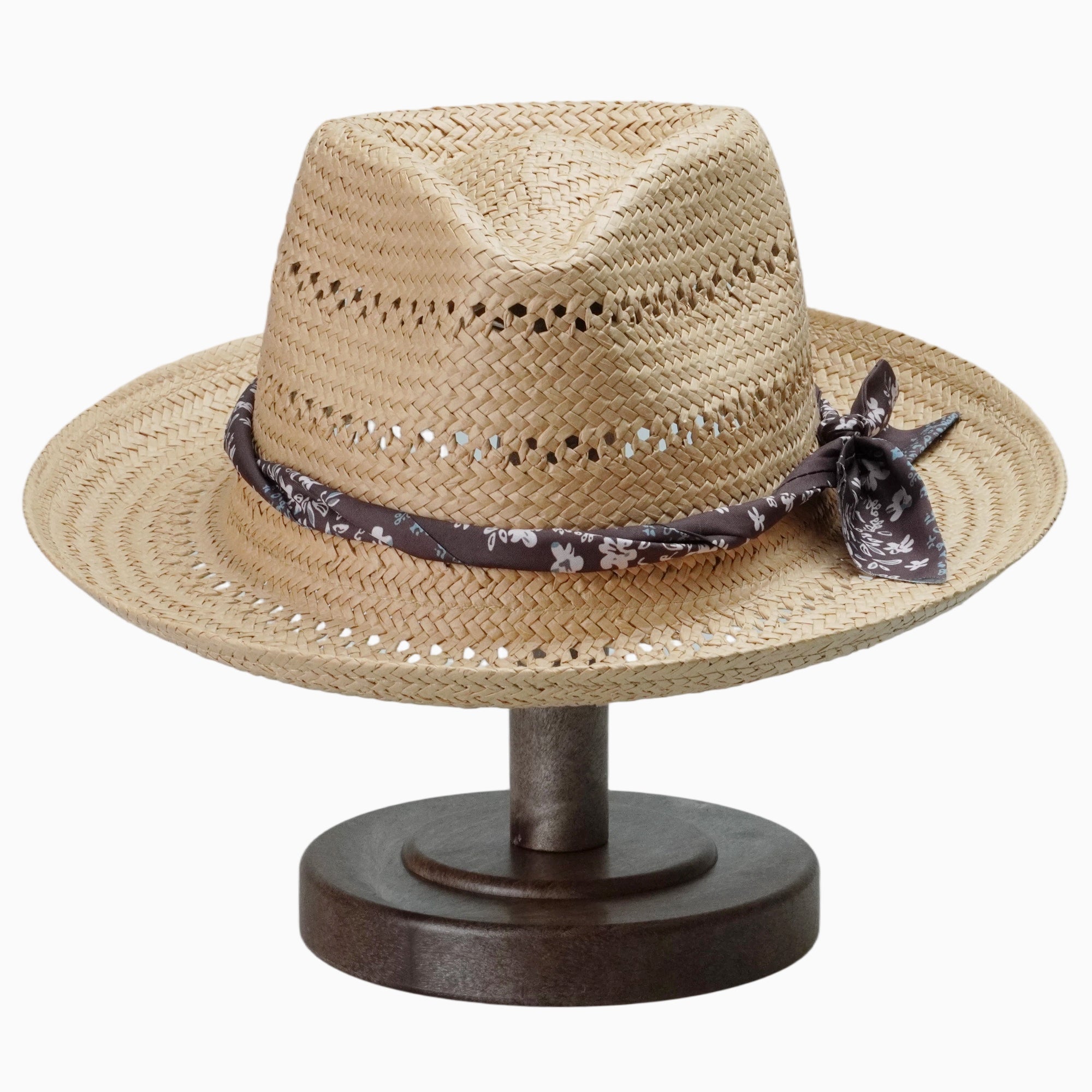 Light Brown Breathable Straw Fedora with Floral Band & Side Tie