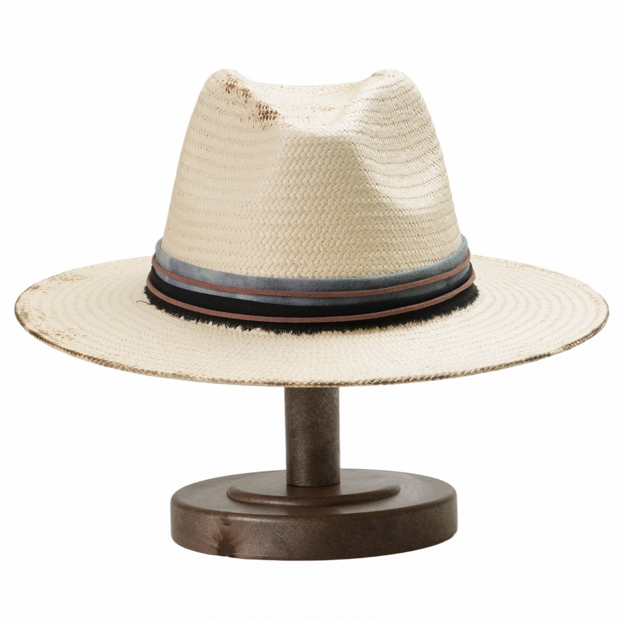 Beige Straw Hat with Brown Thin Cord & Burnt Edge Design