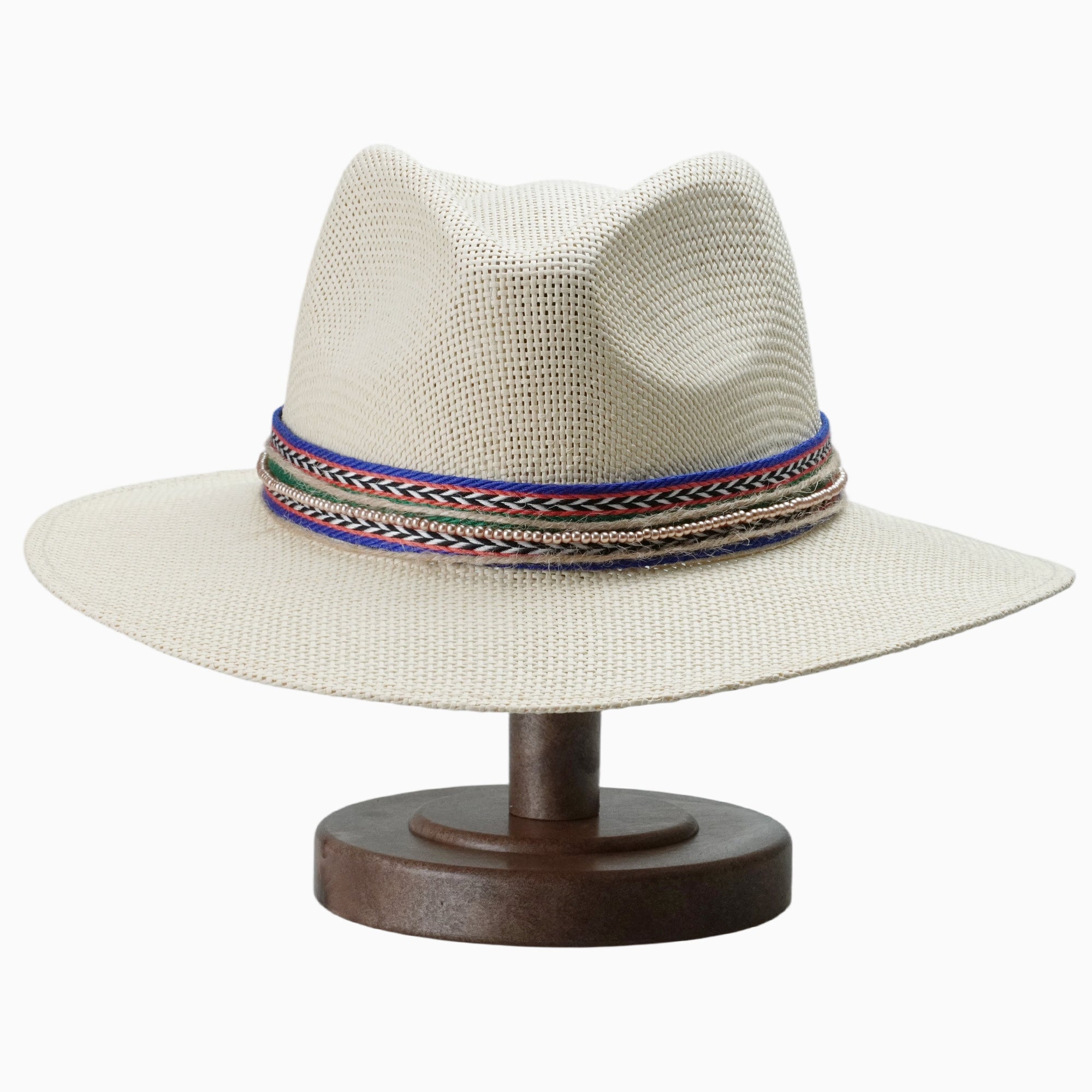 Natural Straw Fedora with Multi-Colored Woven Band & Beaded Trim
