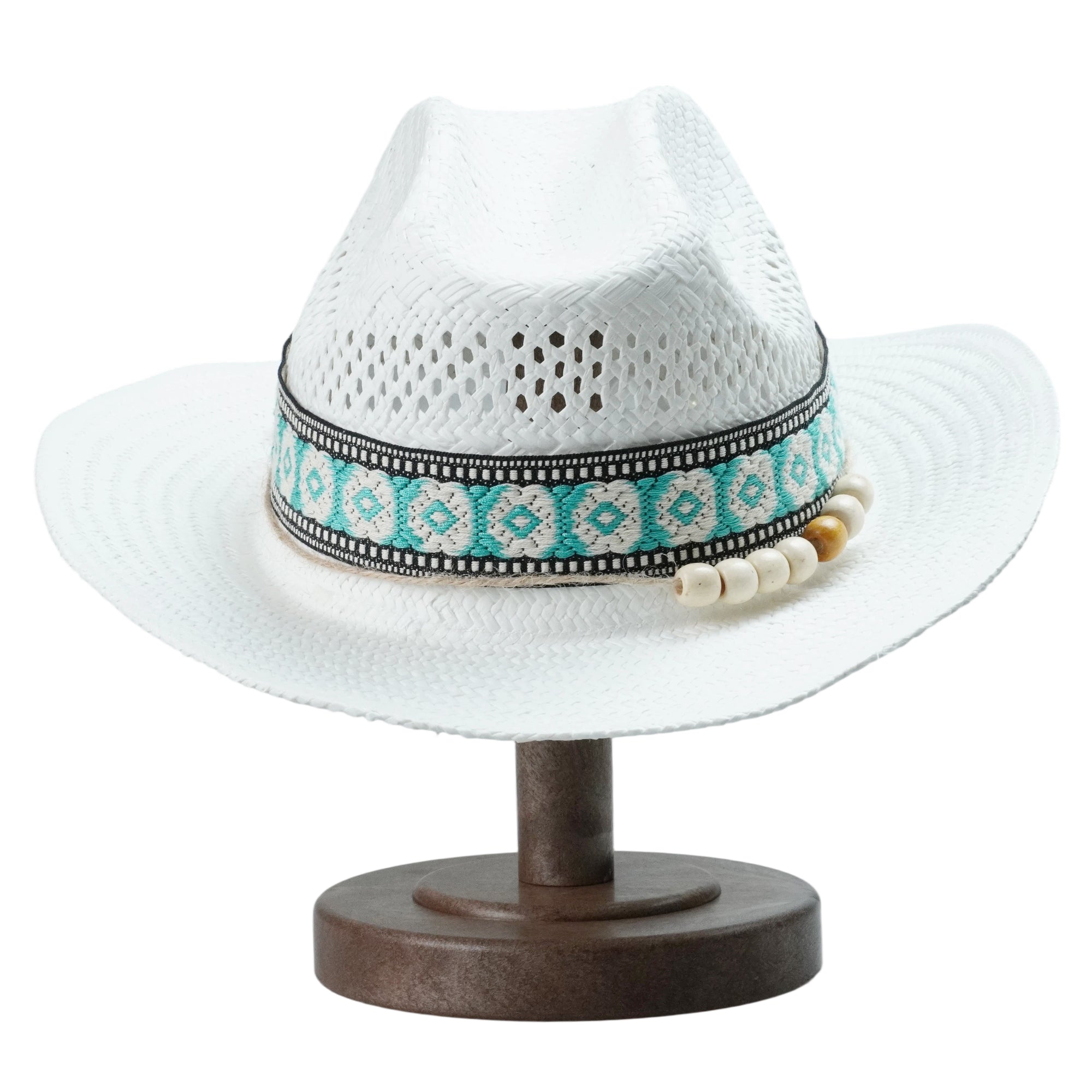 White Breathable Straw Fedora with Geometric Woven Band & Wooden Beads