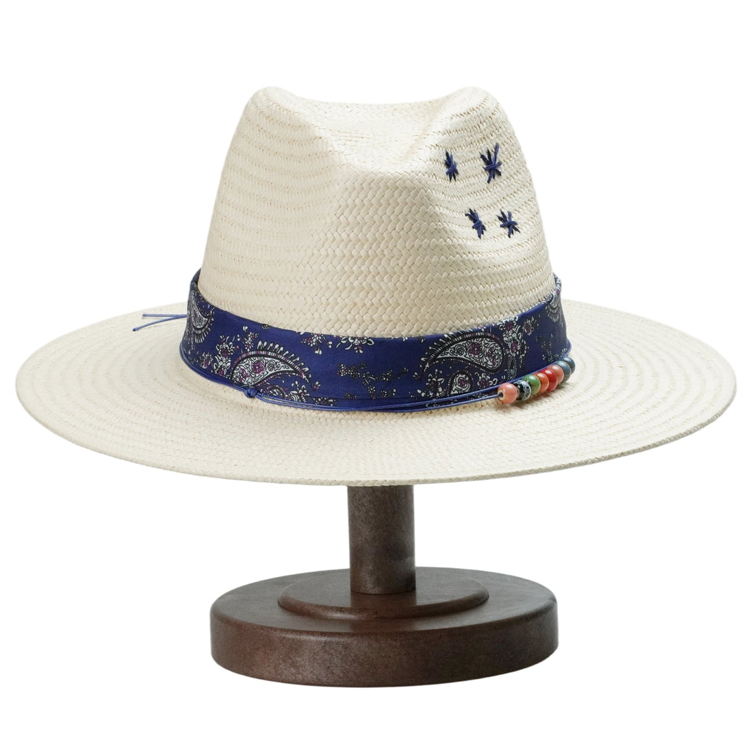 White Straw Hat with Blue Print Band & Colorful Beads