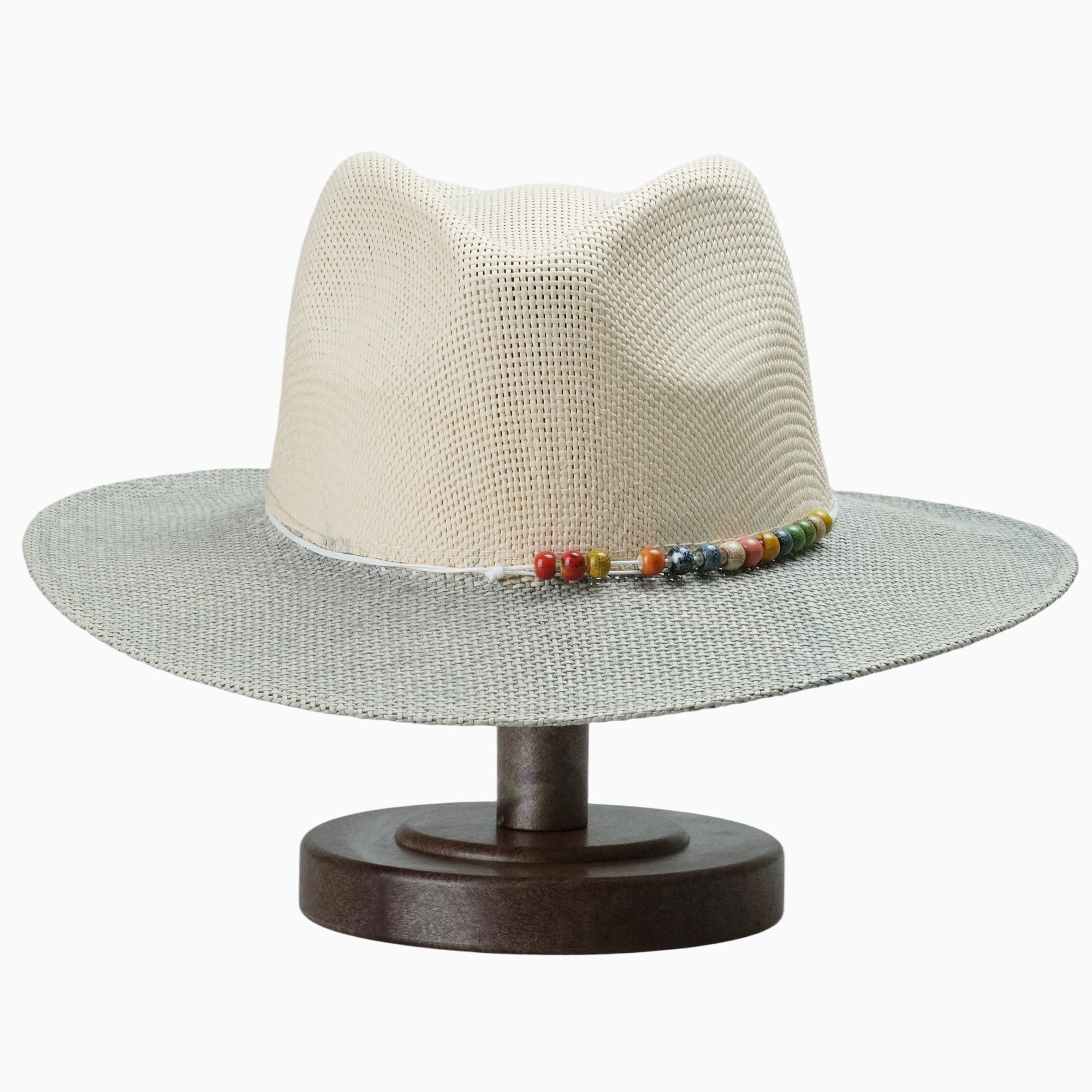 Two-Tone Beige & Grey Straw Hat with Colorful Bead Embellishment