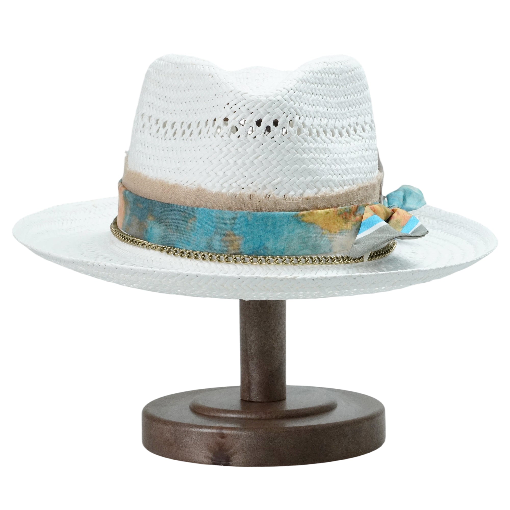 White Straw Hat - Classic Teardrop with Metal Chain Detail