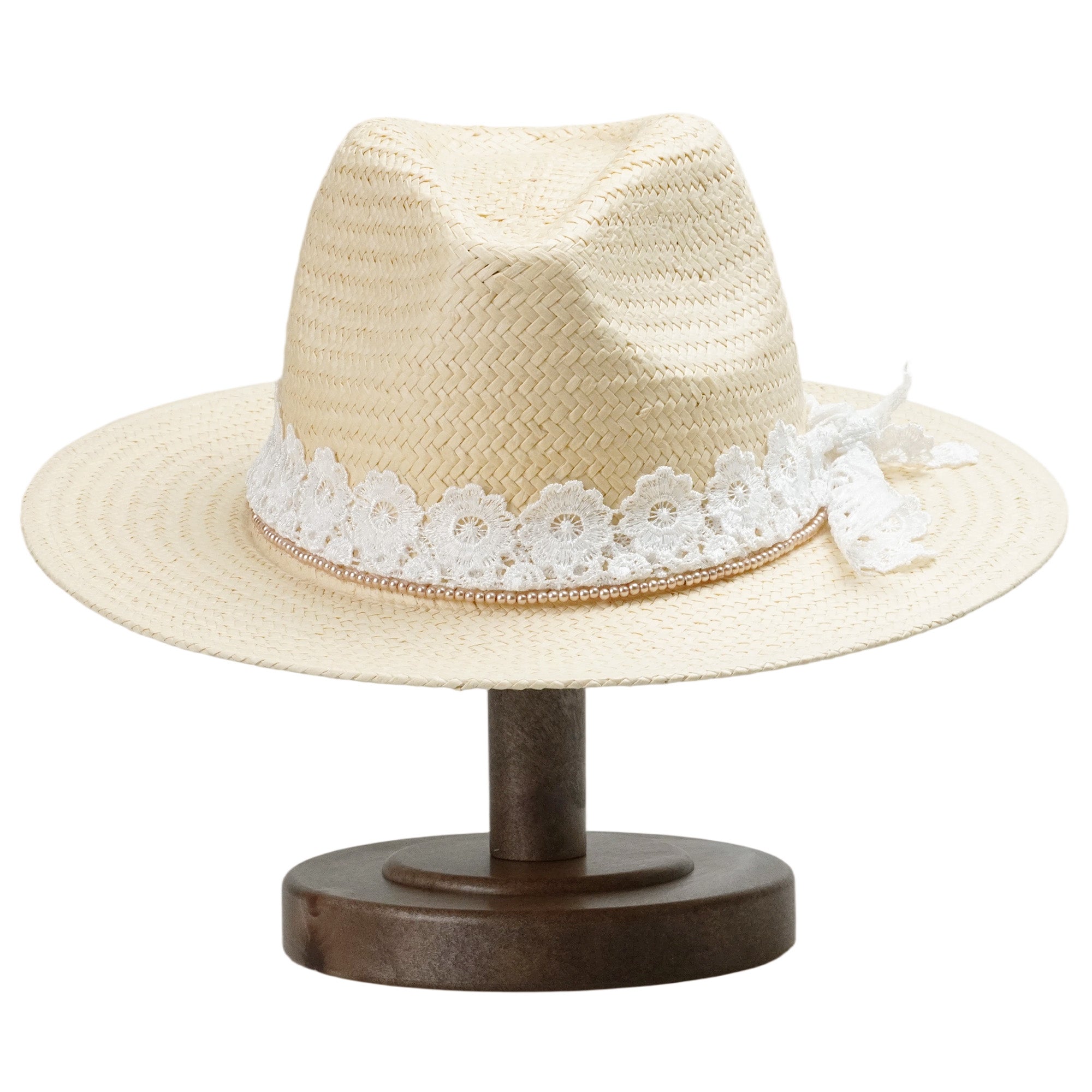 Beige Straw Hat with Custom Lace Band & Refined Beads