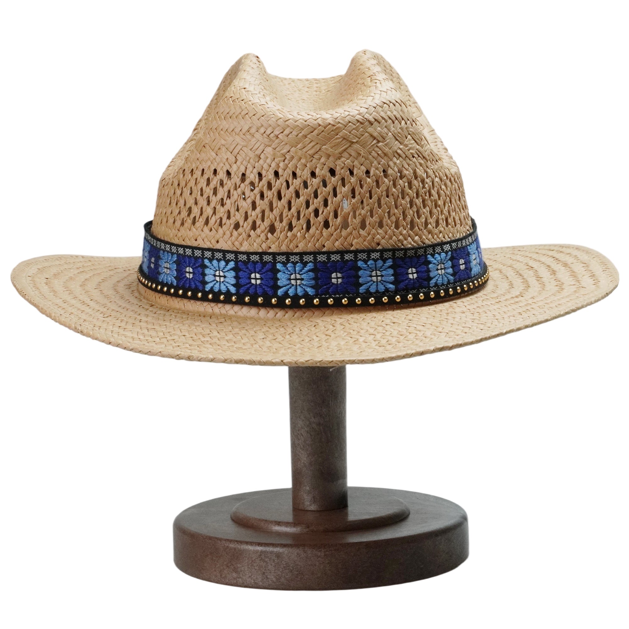 Light Brown Straw Hat with Blue Print Band & Black Cord