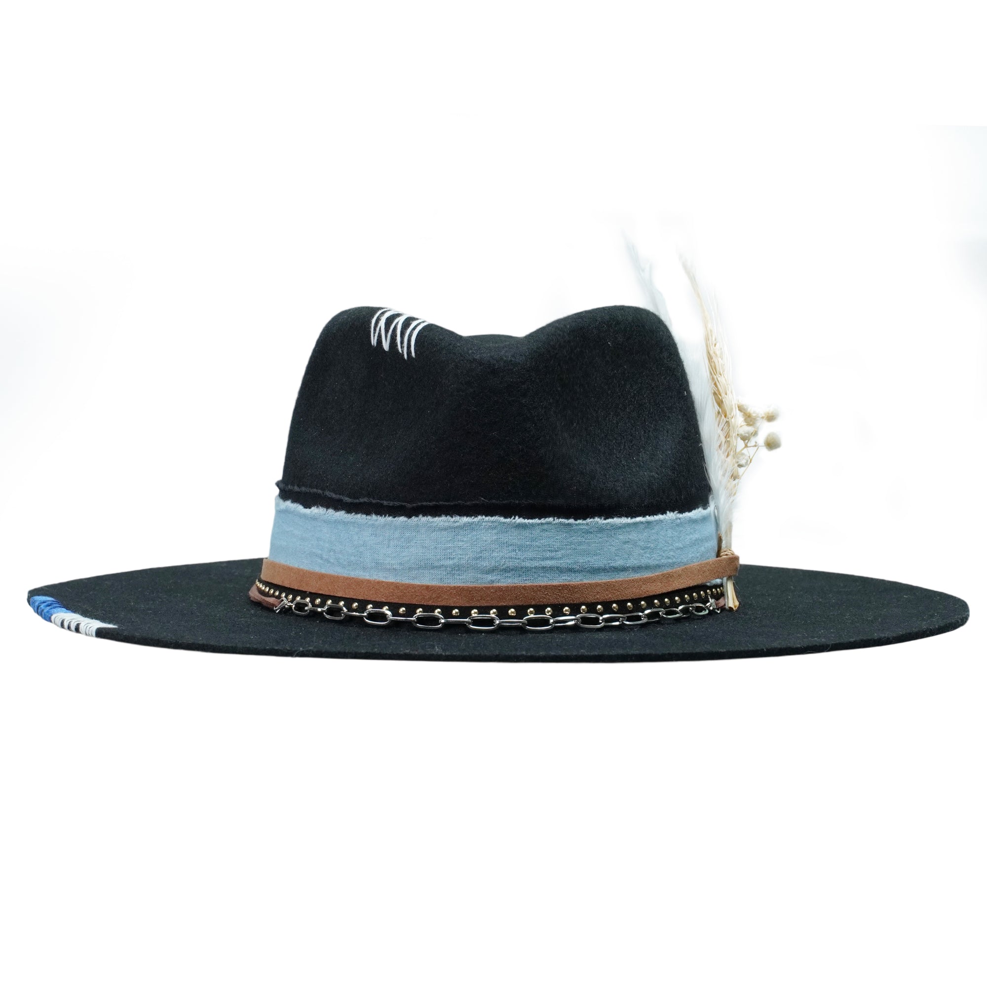 Classic Black Felt Fedora with Denim & Dried Flower Band