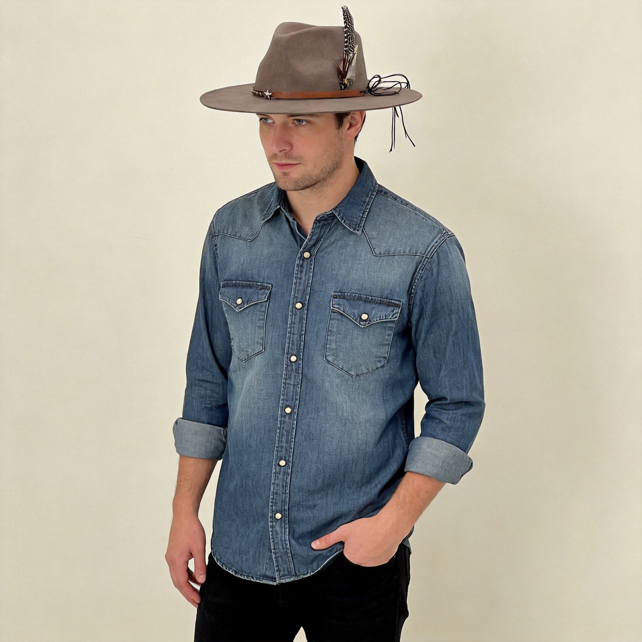 Earthy Gray Flat-Brim – Metal Clasp & Feather
