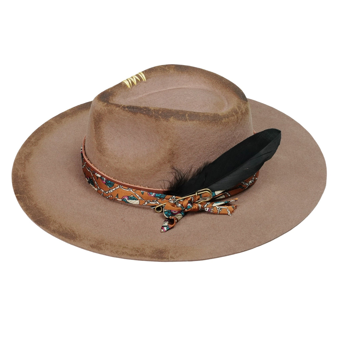 Hand-Burned Edgy Felt Hat – Neutral Tone, Feather Detail