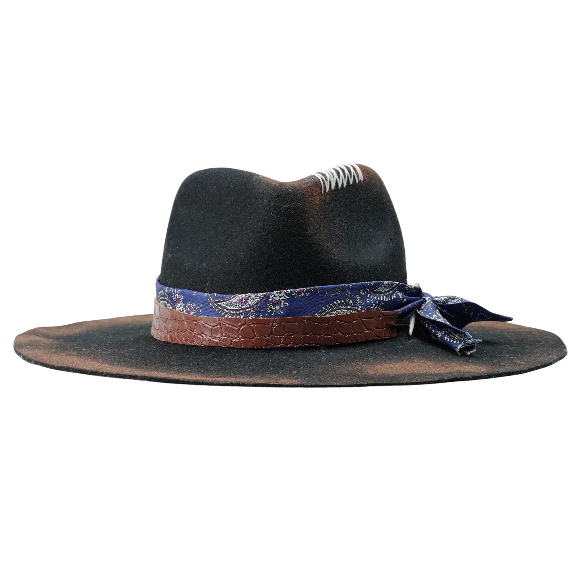 Hand-Burned Distressed Felt Hat – Croc-Texture Band, Feather Accent
