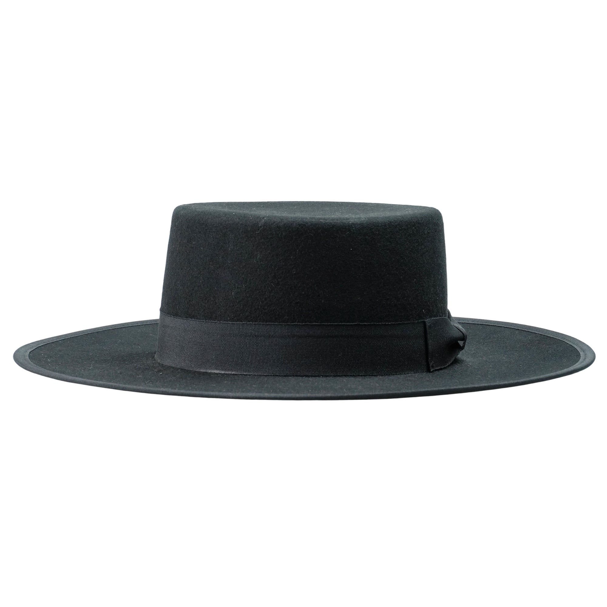 Black Round Flat Top Felt Hat with Bow