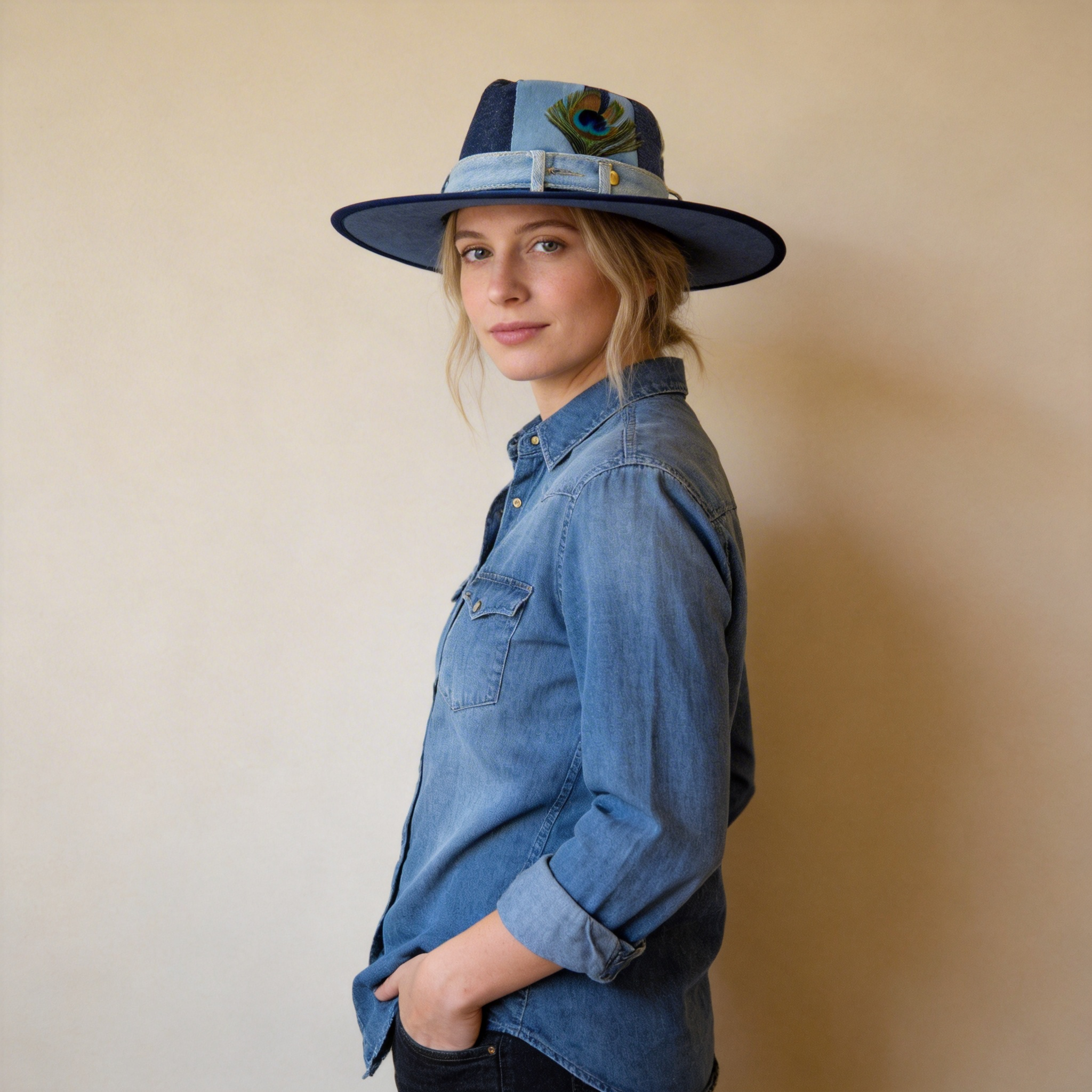 Patchwork Denim Wide-Brim Hat
