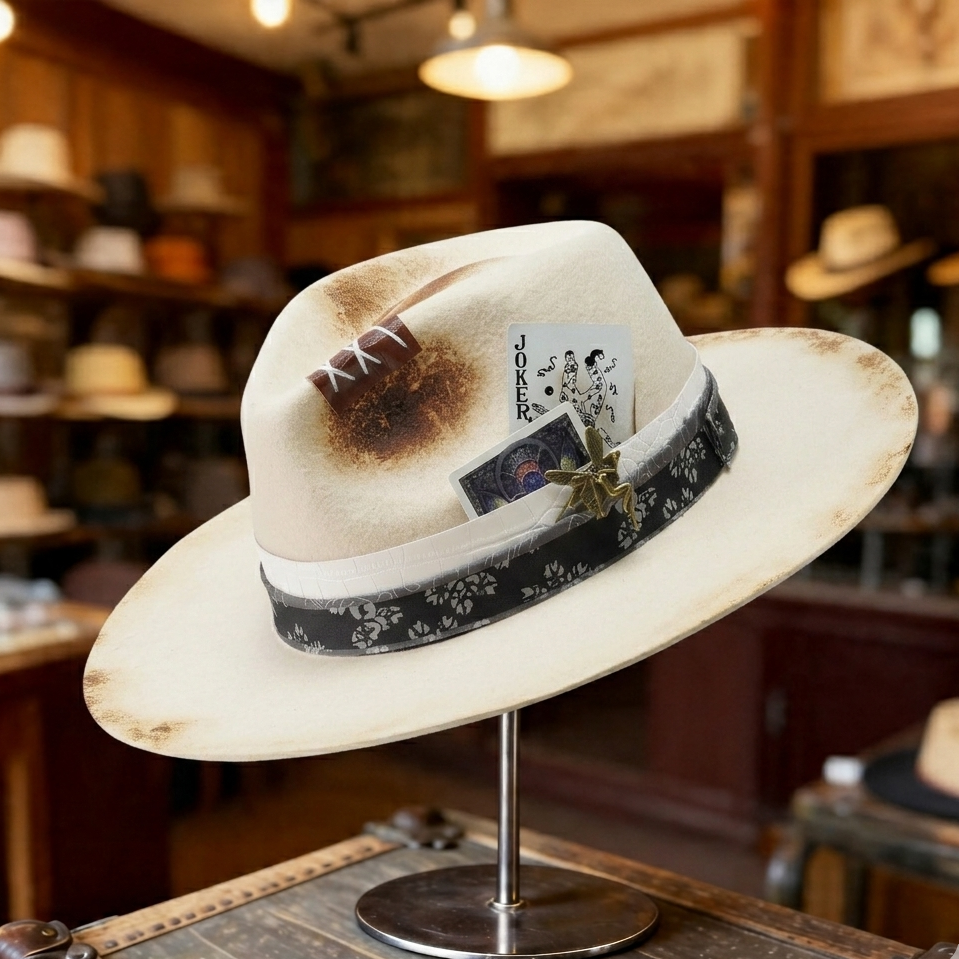 Felt Hat – Off-White with Teardrop Crown and Burnt Edges