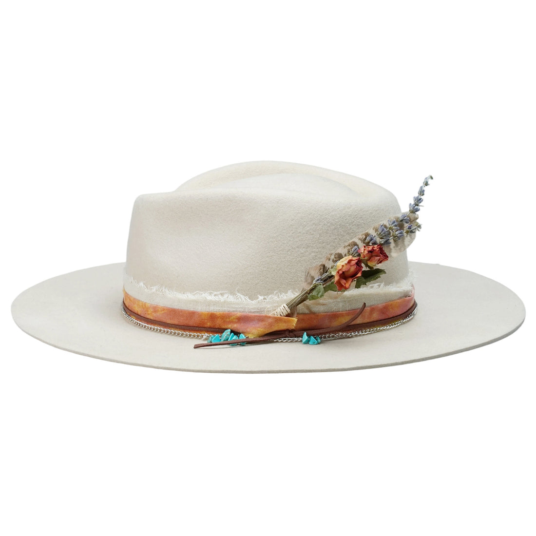 Cream Felt Fedora with Rose Crown & Dried Flowers
