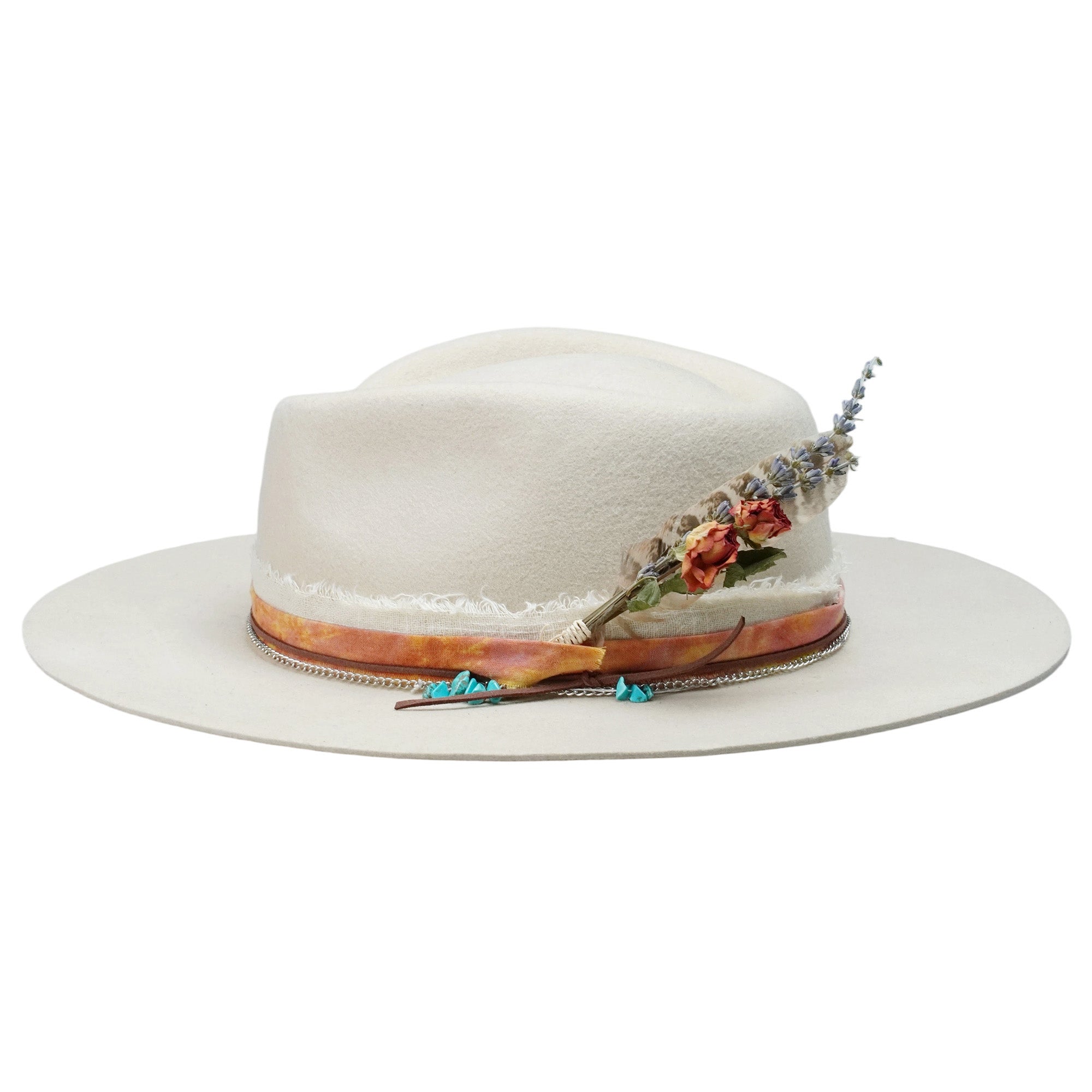 Cream Felt Fedora with Rose Crown & Dried Flowers