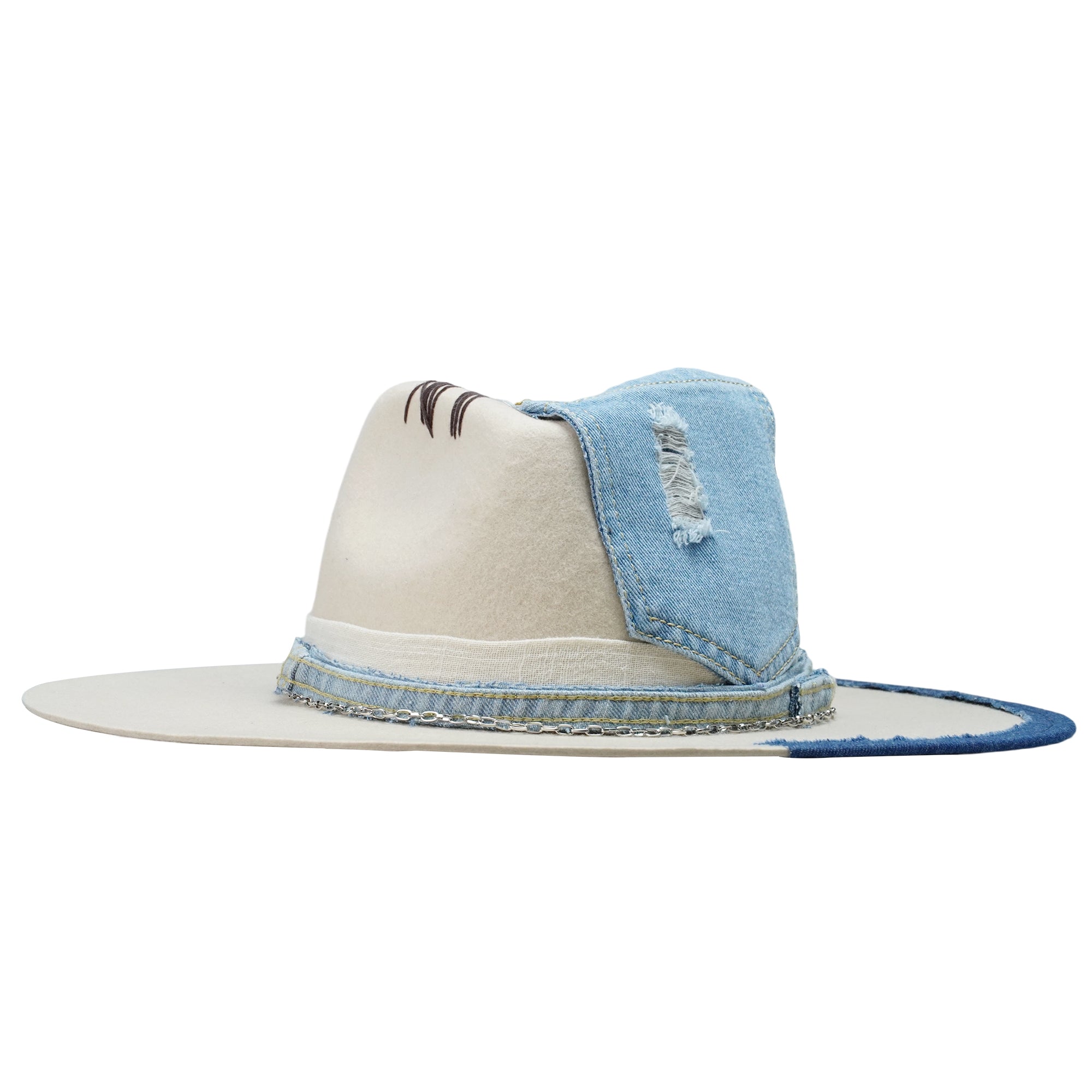 Cream Felt Fedora with Denim & Silver Chain