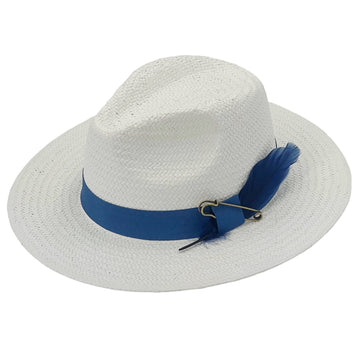 White Straw Hat – Blue Band & Feather Accent