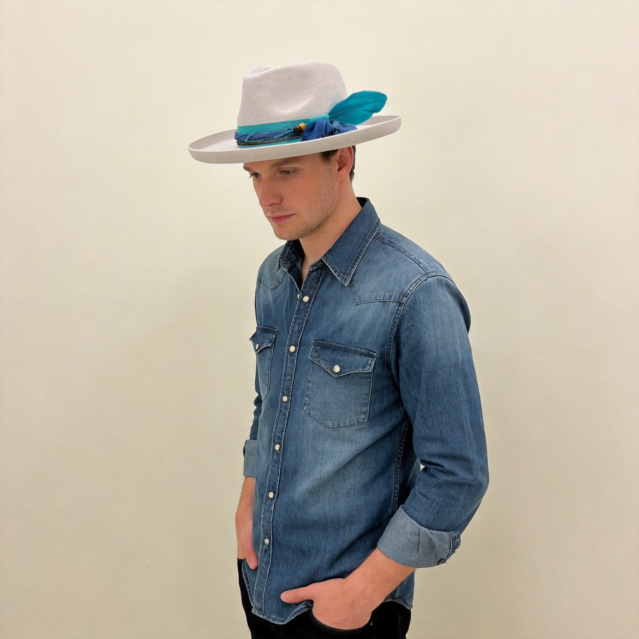 White Wide-Brim Hat – Vibrant Feather Accent