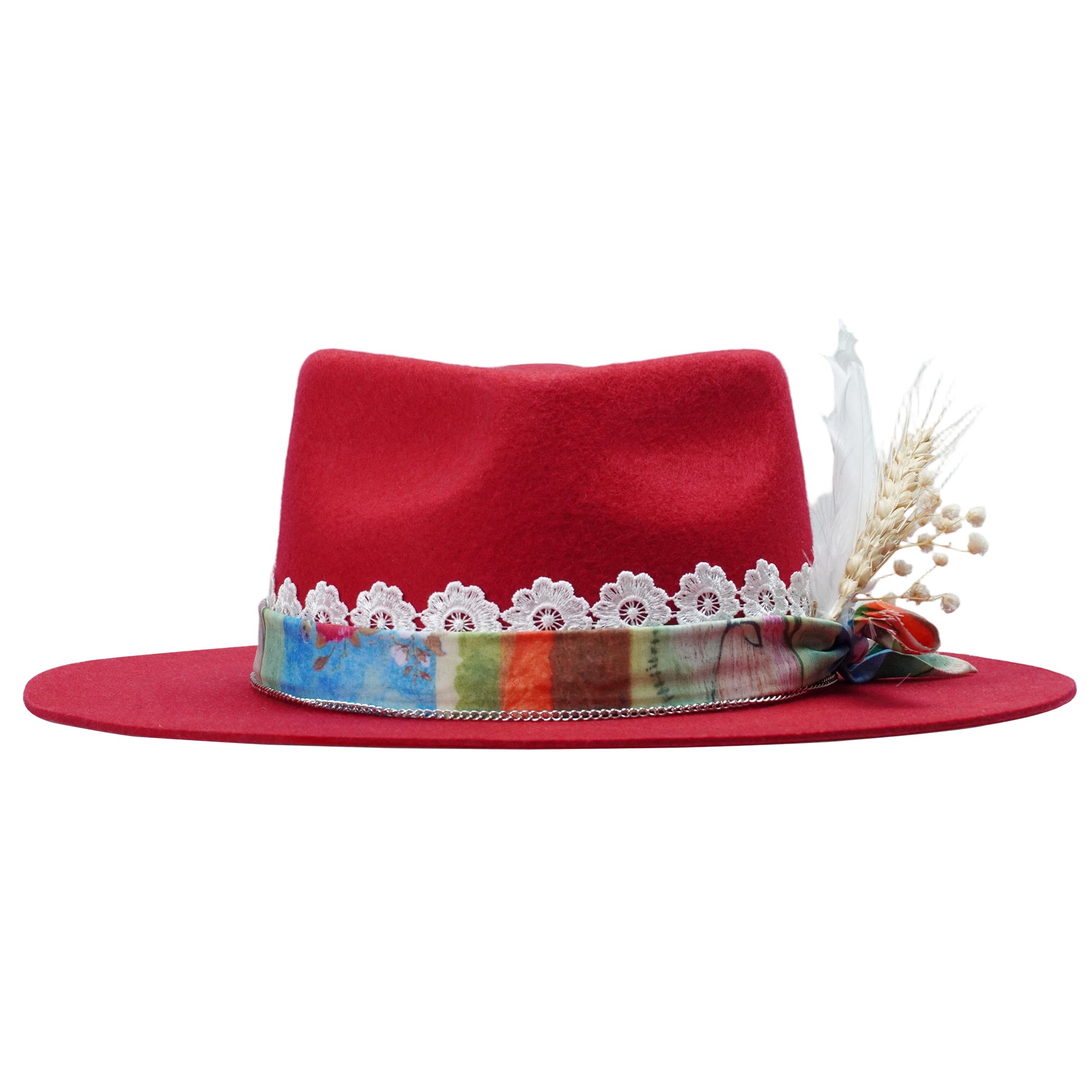 Red Straight Brim Felt Hat with Lace & Floral Band