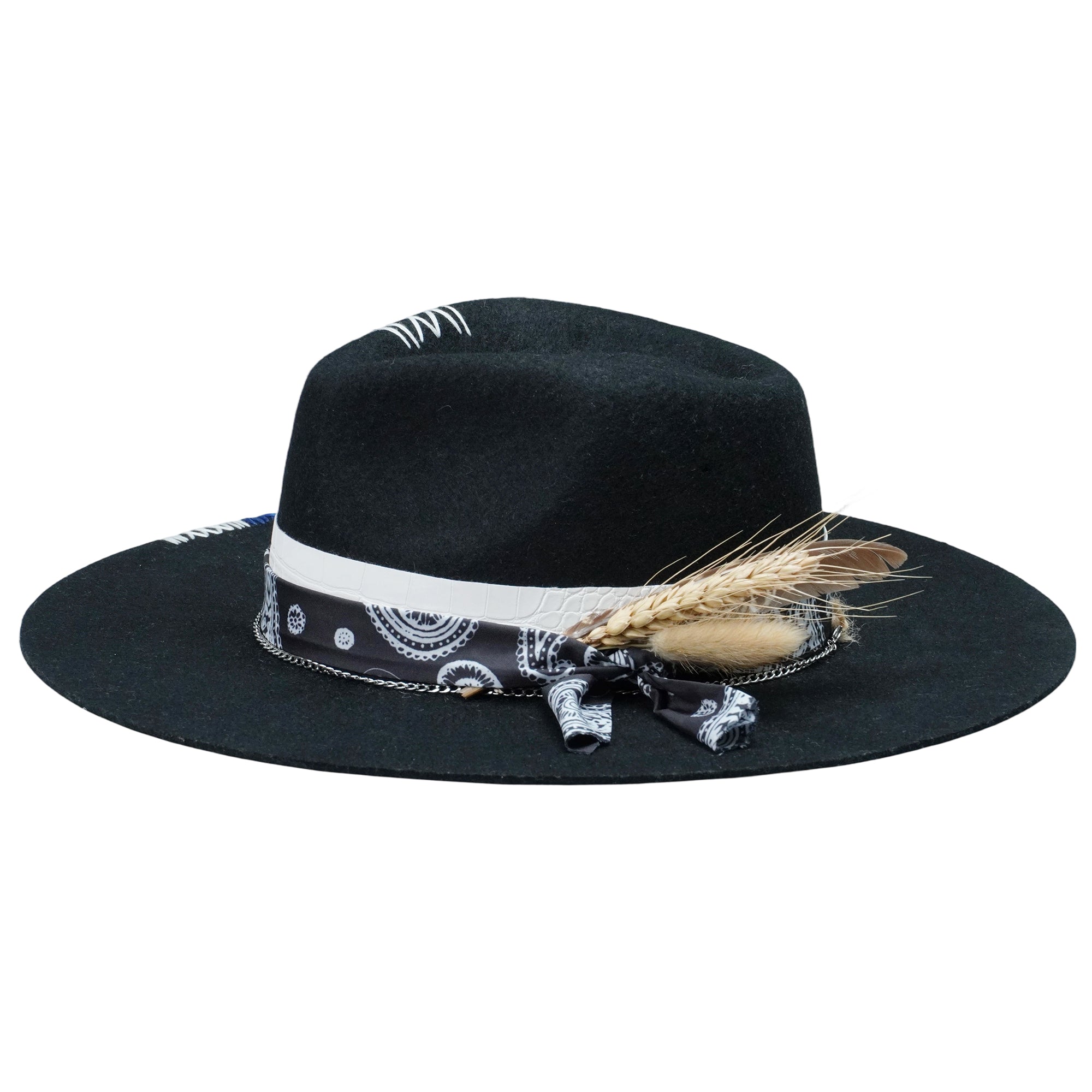 Black Straight Brim Felt Hat with Croc Band