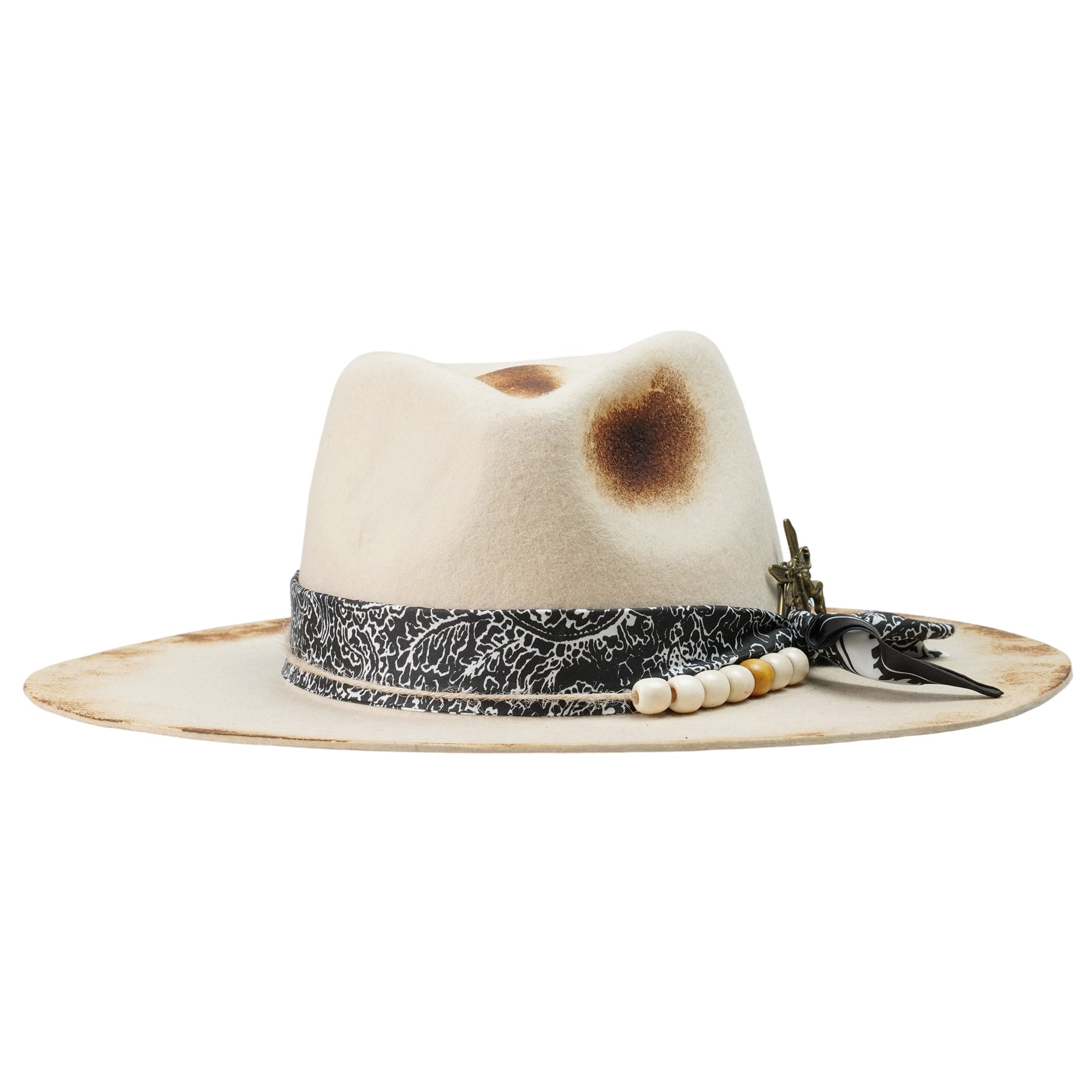 Hand-Burned Straight-Brim Felt Hat – Beaded Band, Vintage Metal Pin