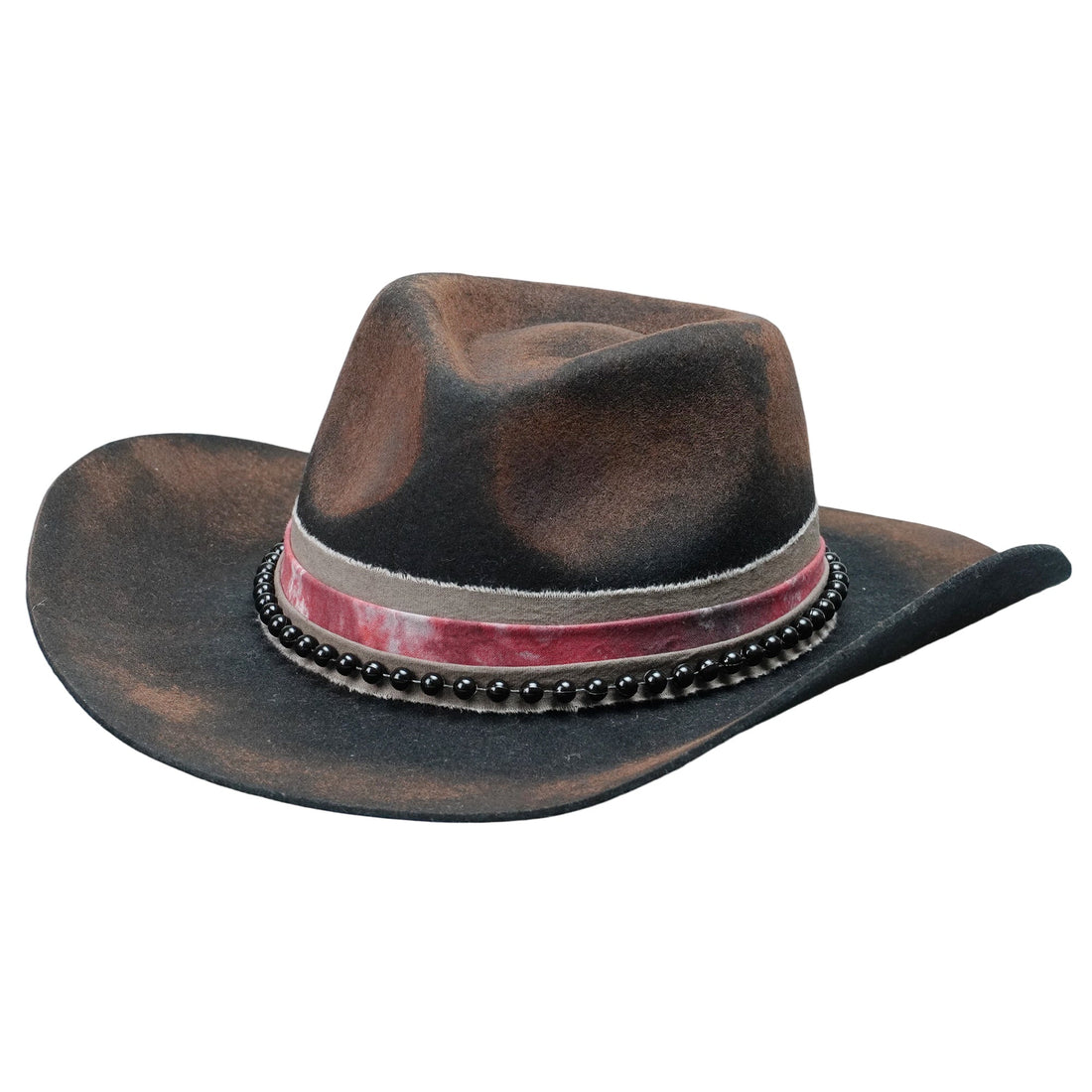 Distressed Black Rolled Brim Hat with Beaded Band