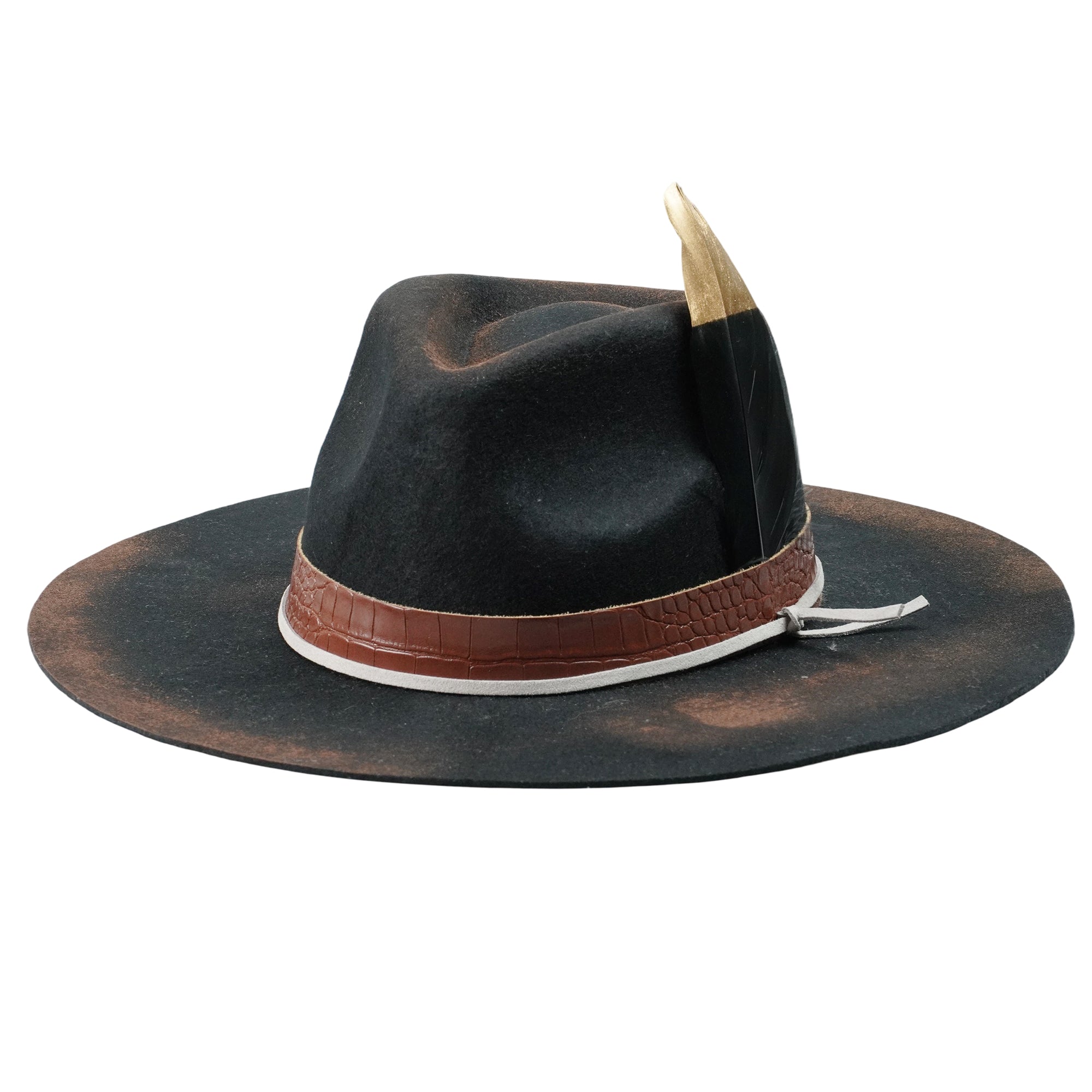 Hand-Burned Statement Felt Hat – Distressed Edge, Leather and Feather
