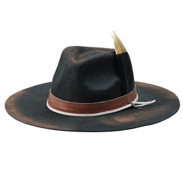 Hand-Burned Statement Felt Hat – Distressed Edge, Leather and Feather